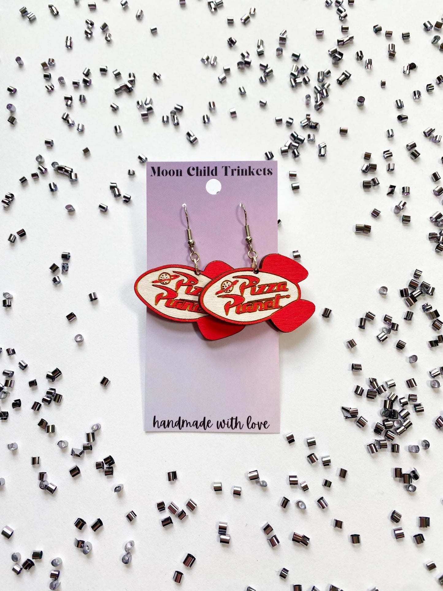 Pizza Planet Toy Story Inspired Hand Painted Wood Dangle Earrings image 1