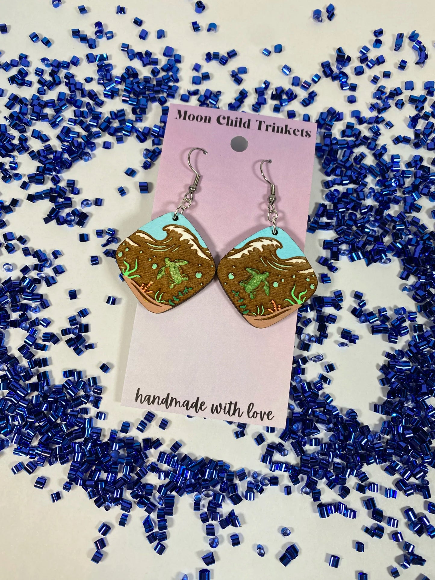 Sea Turtle Ocean Life Hand Painted Wood Dangle Earrings image 1