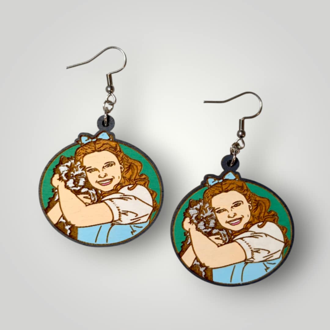 Wizard of Oz Inspired Dorothy and Toto Hand Painted Wood Dangle Earrings