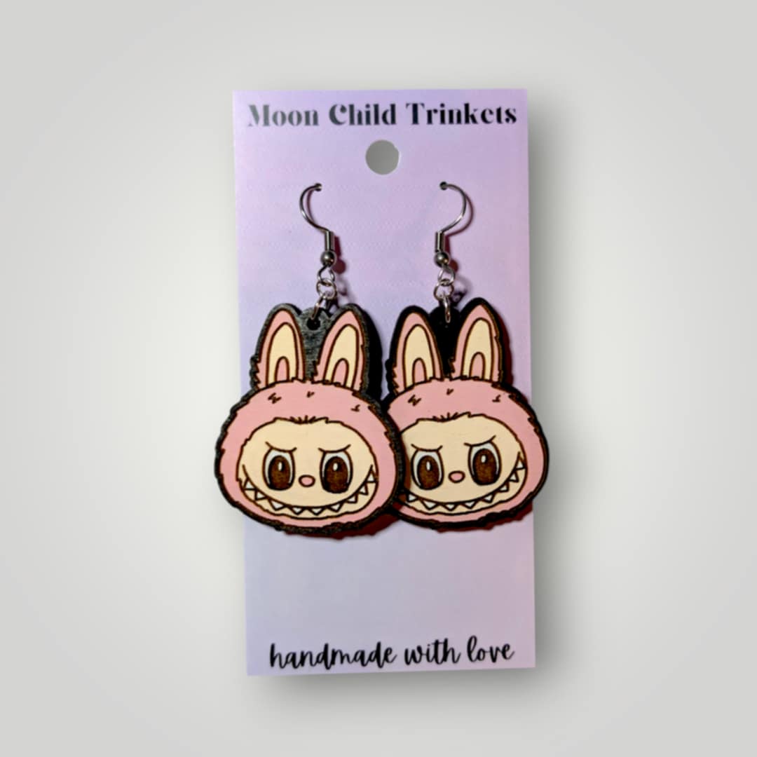 Labubu Monster Hand Painted Wood Earrings