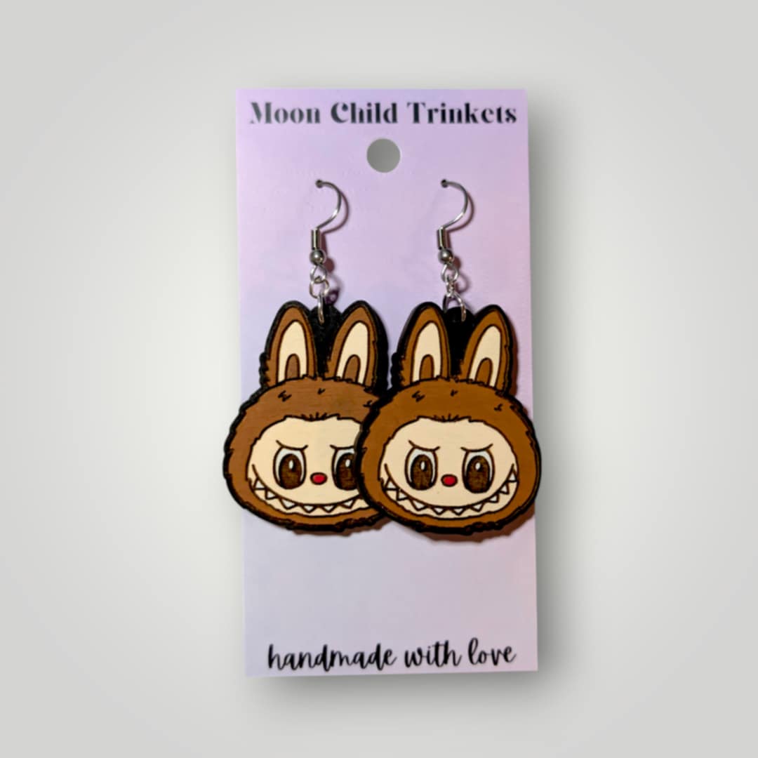 Labubu Monster Hand Painted Wood Earrings