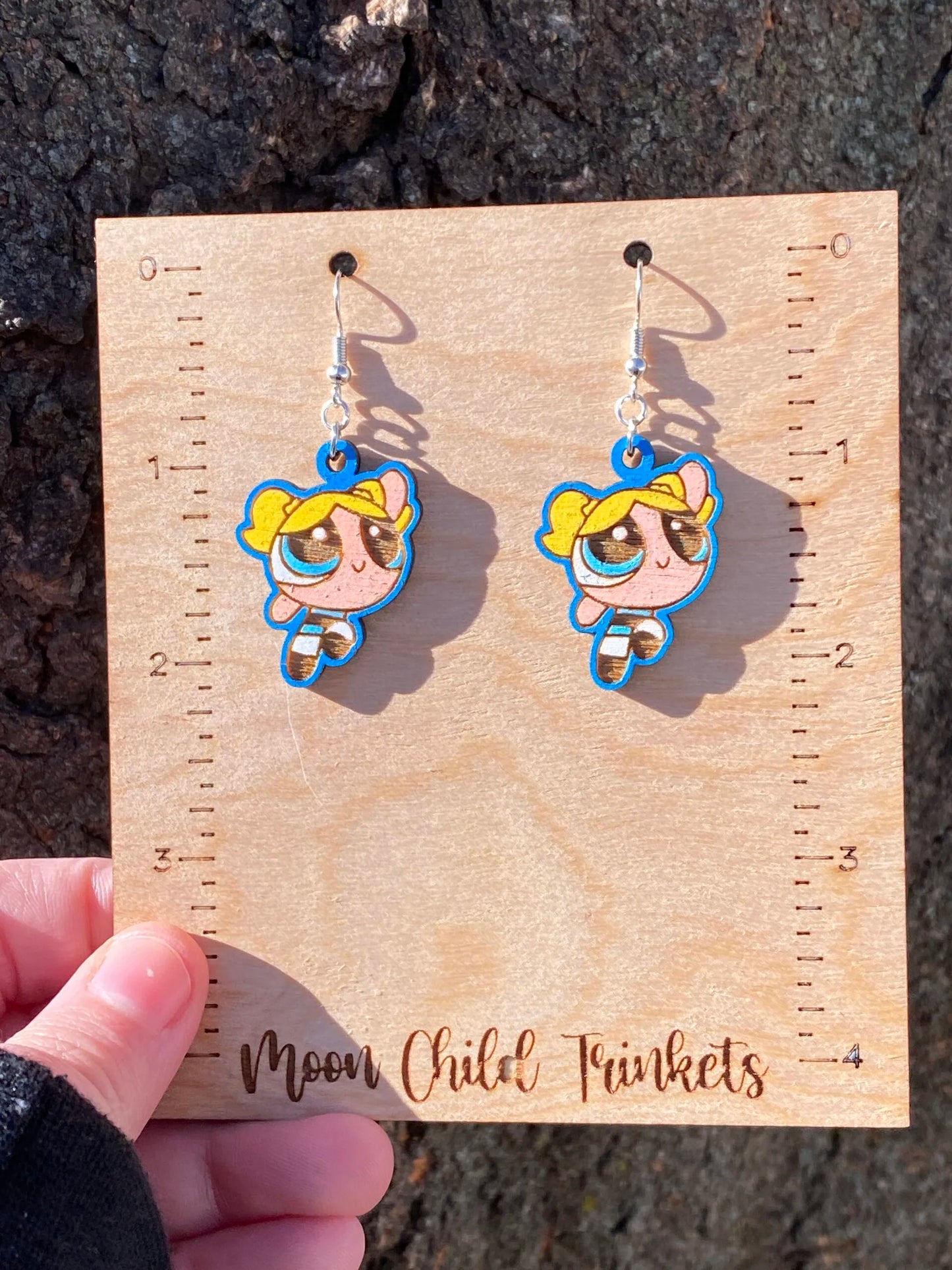 Powerpuff Girls Bubbles Hand Painted Wood Dangle Earrings image 2