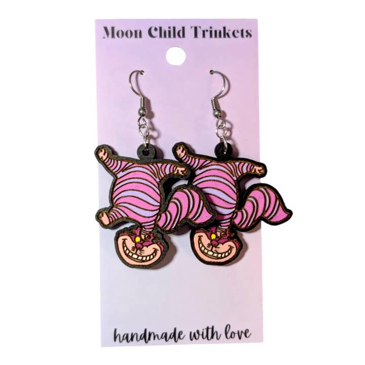 Cheshire Cat Hand Painted Wood Dangle Earrings