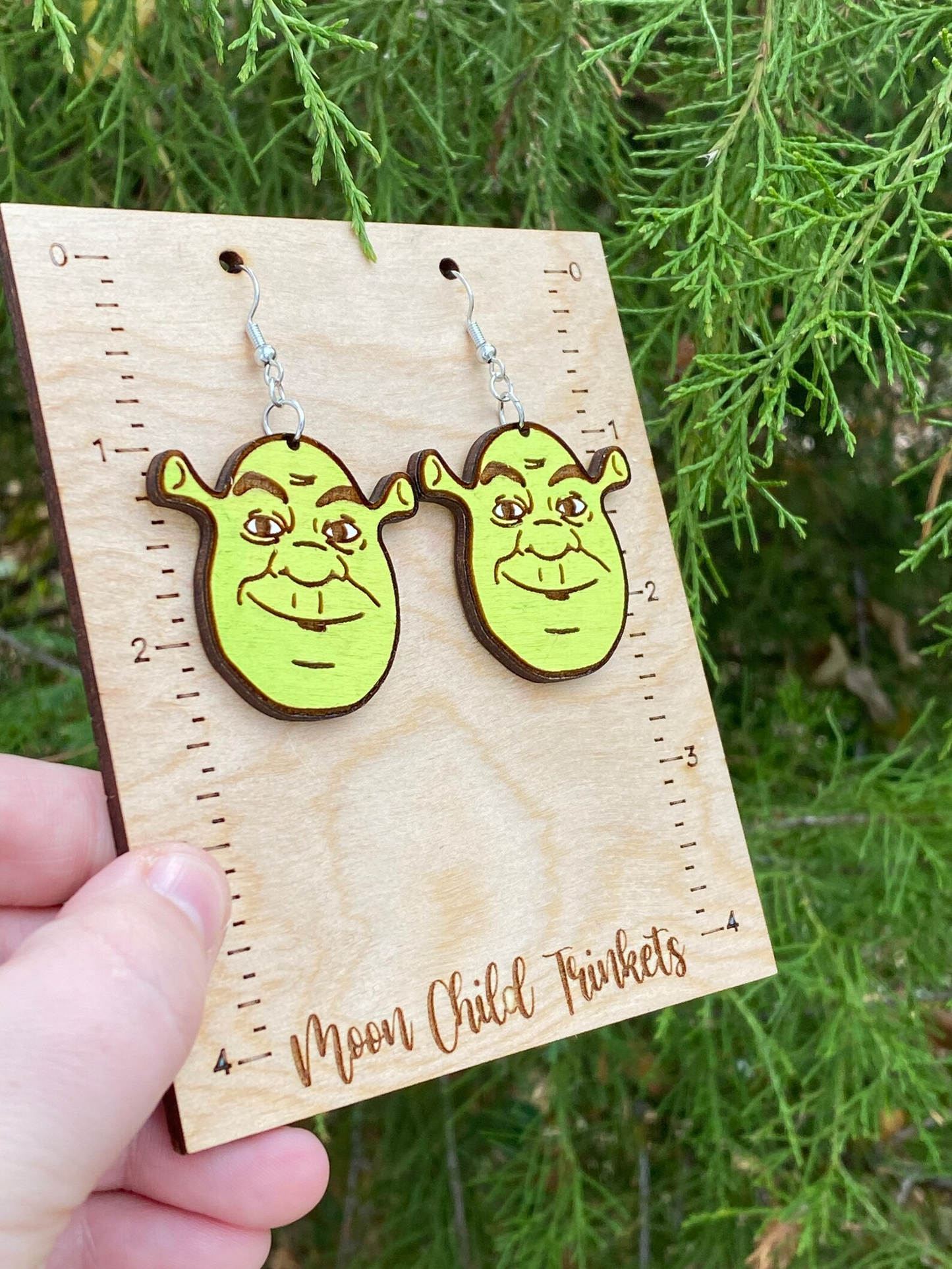 Shrek Hand Painted Wood Dangle Earrings image 1