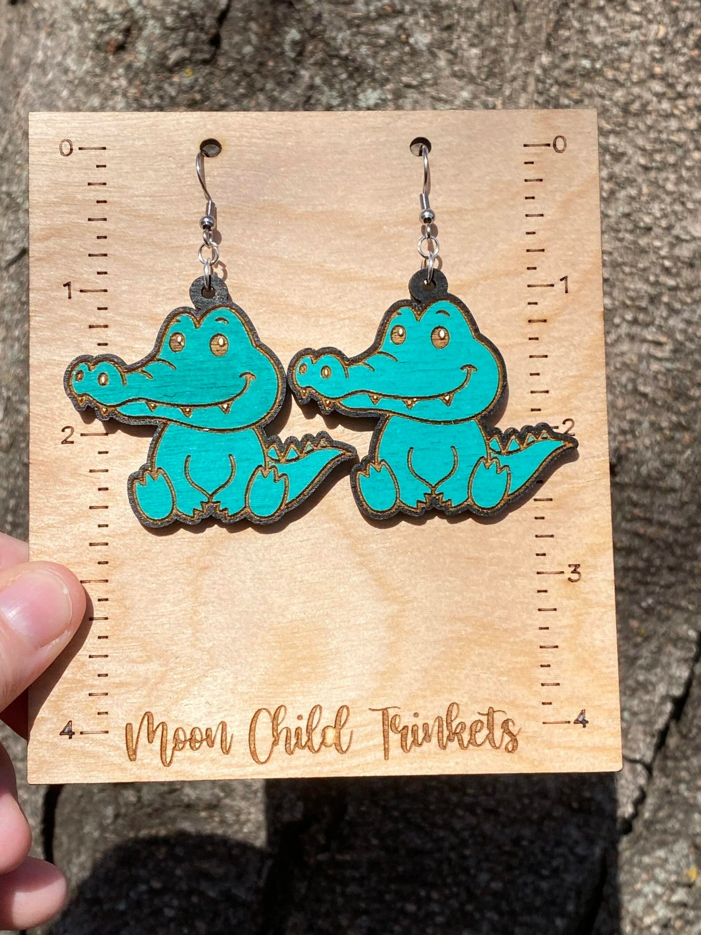 Alligator Kawaii Hand Painted Wood Dangle Earrings image 1