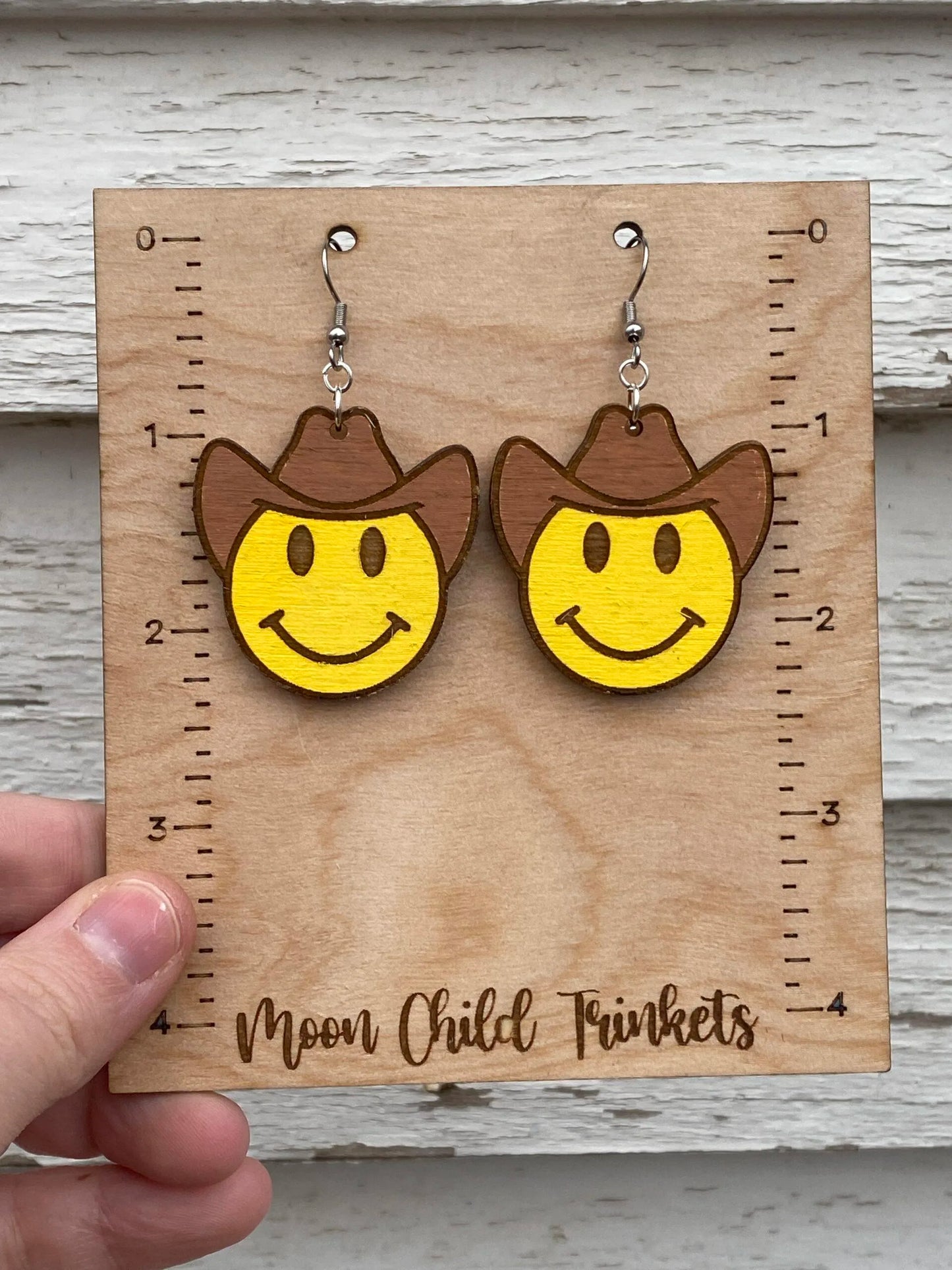 Western Smiley Cowboy Hand Painted Wood Dangle Earrings image 3