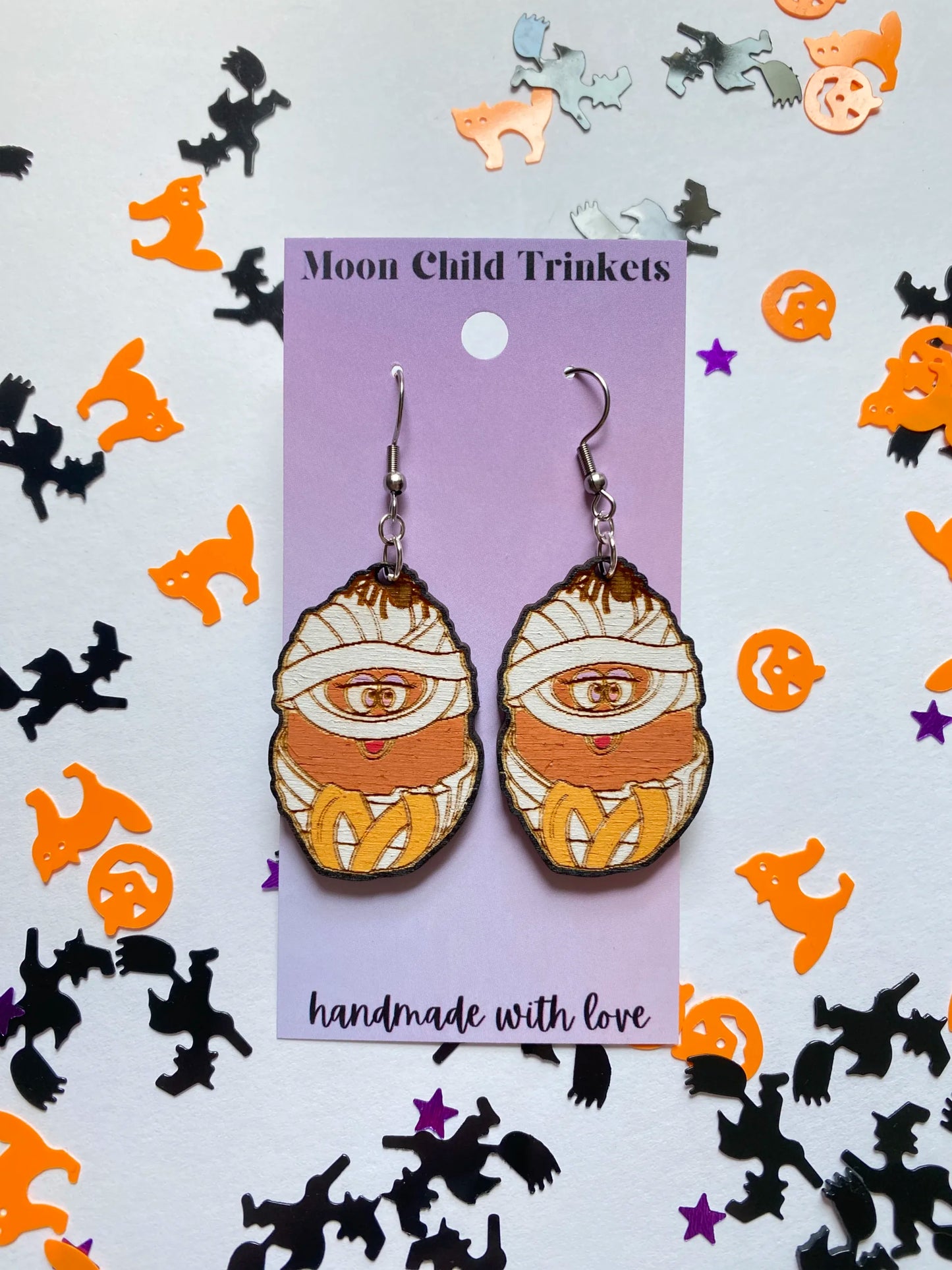 Mummy Chicken Nuggets Hand Painted Wood Dangle Earrings image 0