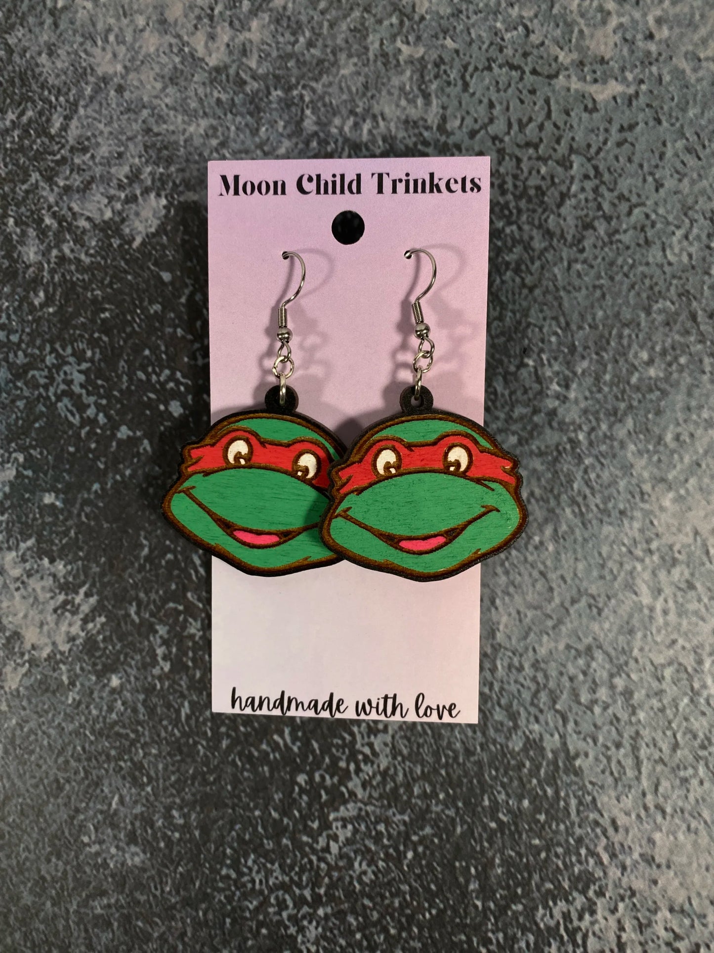 Raphael Ninja Turtle Hand Painted Wood Dangle Earrings image 0