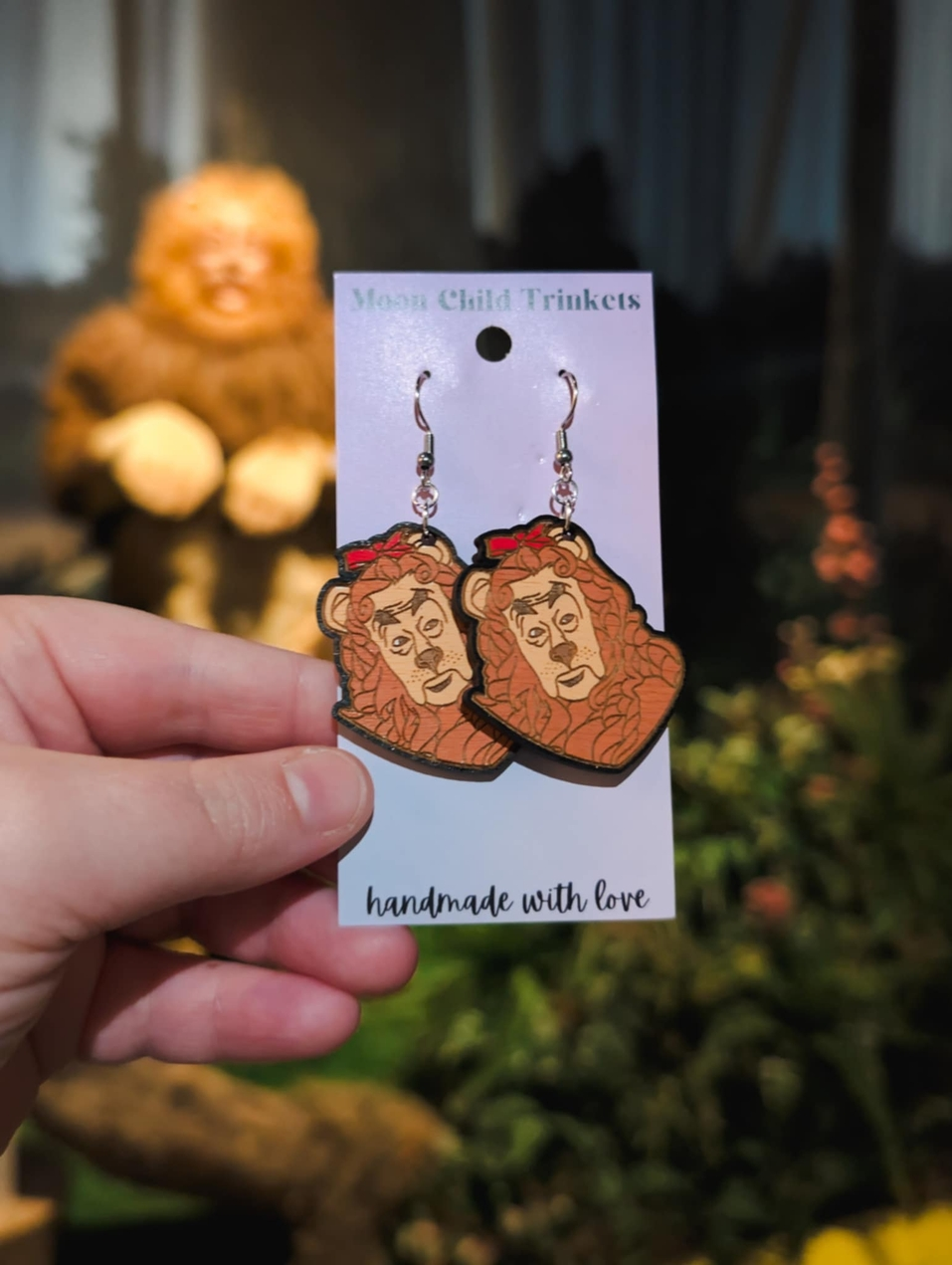 Wizard of Oz Inspired Cowardly Lion Hand Painted Wood Dangle Earrings,