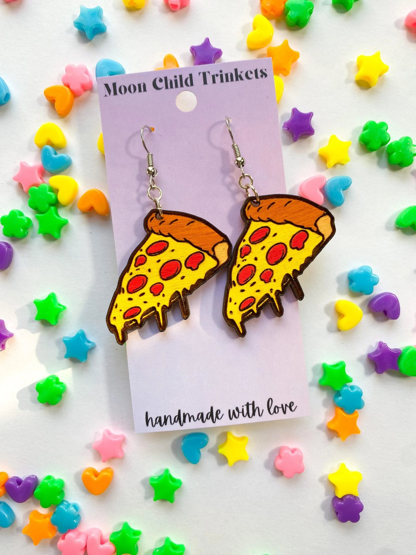 Pepperoni Pizza Hand Painted Wood Dangle Earrings image 0