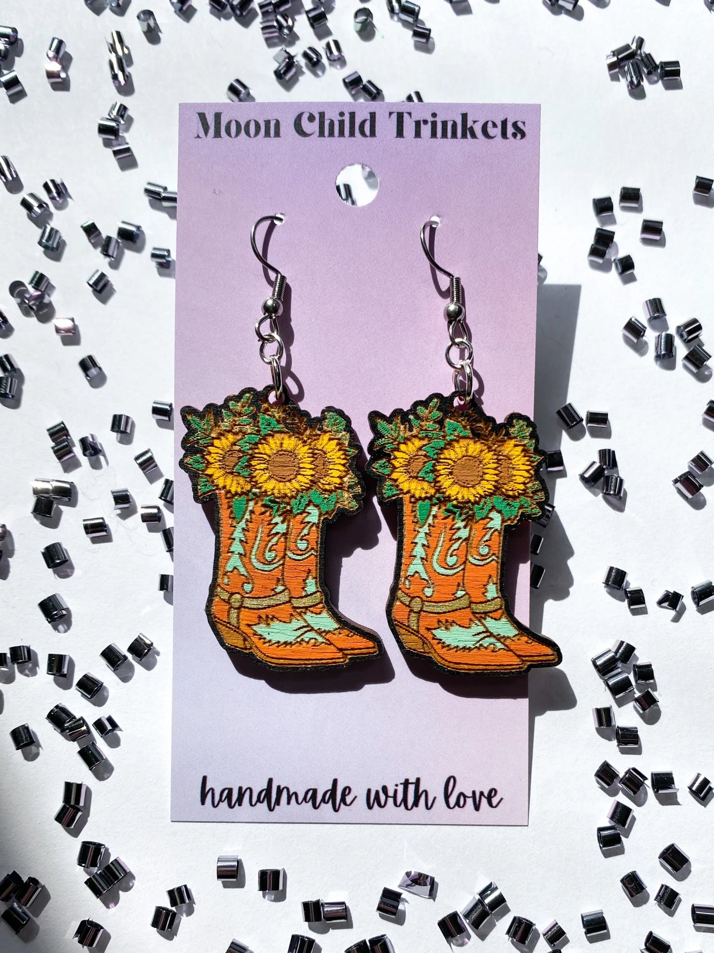 Sunflower Cowboy Boots Hand Painted Wood Dangle Earrings image 0