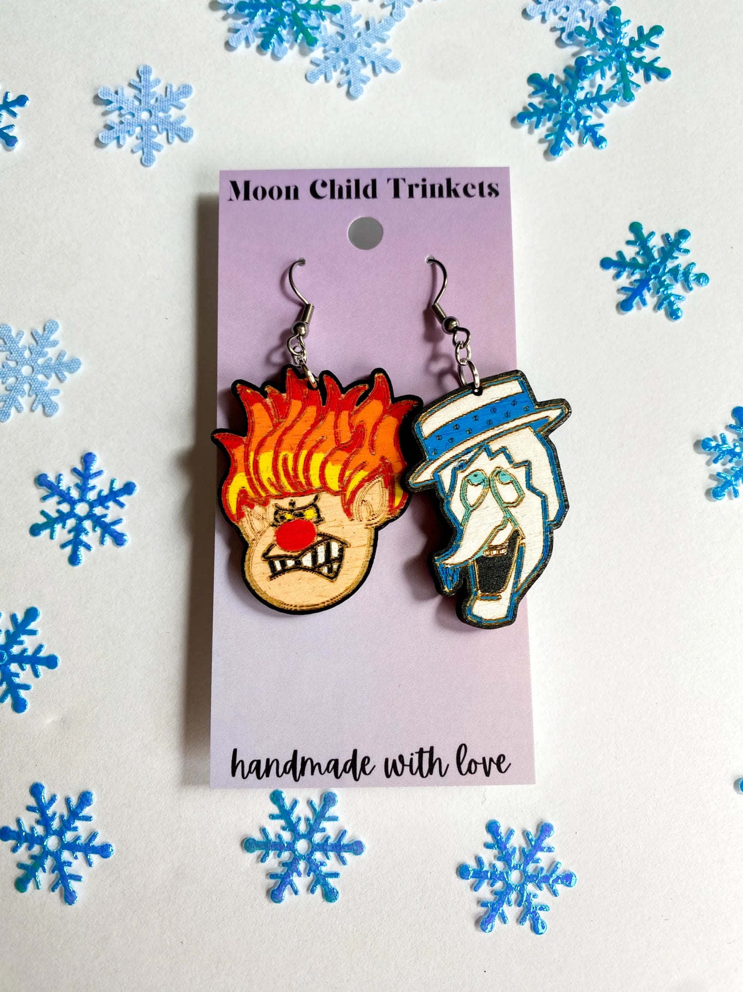 Retro Classic Christmas Snow and Heat Miser Hand Painted Wooden Drop Earrings, hypoallergenic earrings, statement earrings, Gifts for Her image 0