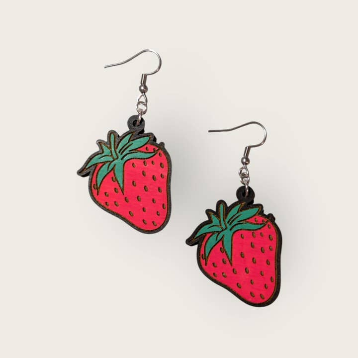 Strawberry Hand Painted Wood Dangle Earrings