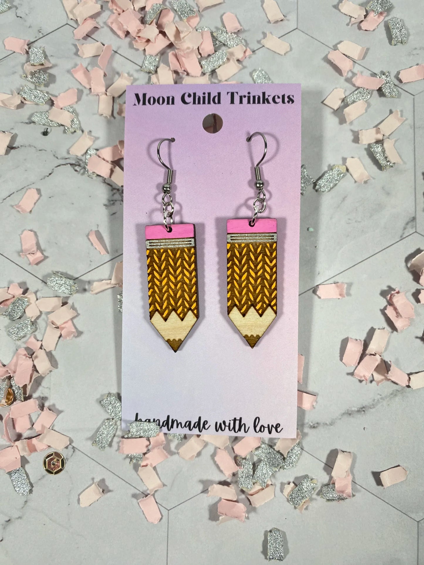 Chevron Print Pencil Hand Painted Wood Dangle Earrings image 0