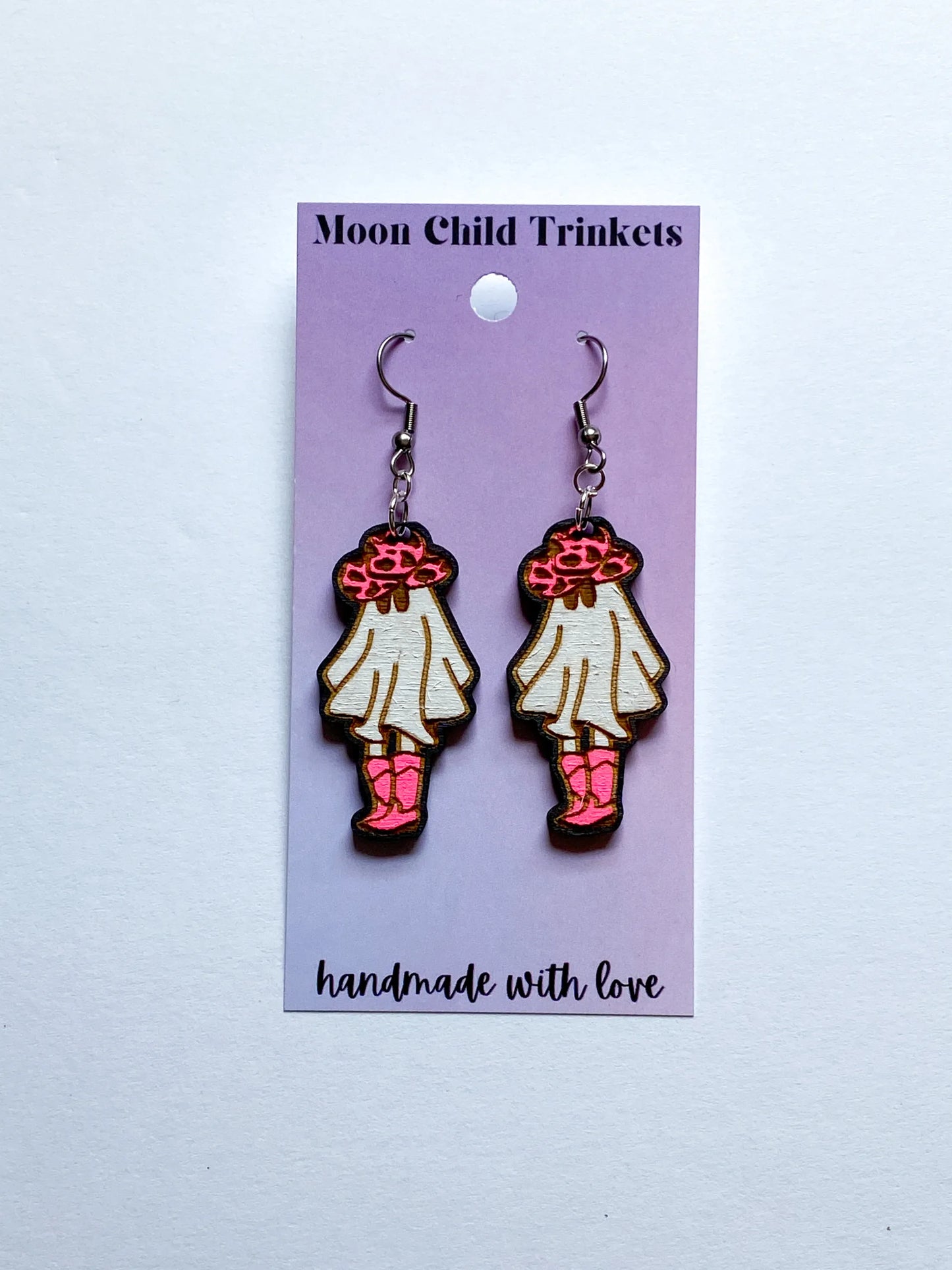 Neon Pink Cowgirl Ghost Hand Painted Wood Dangle Earrings image 0