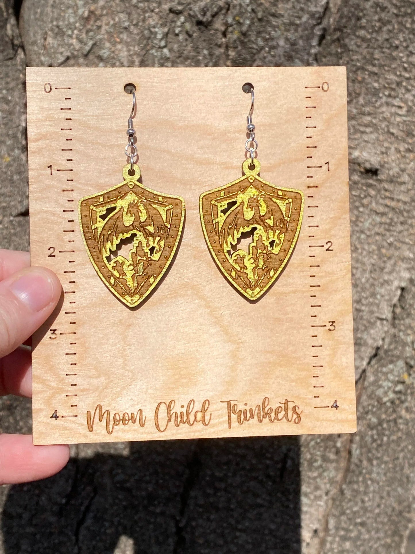 Medieval Dragon & Knight Shield Hand Painted Wood Dangle Earrings image 2