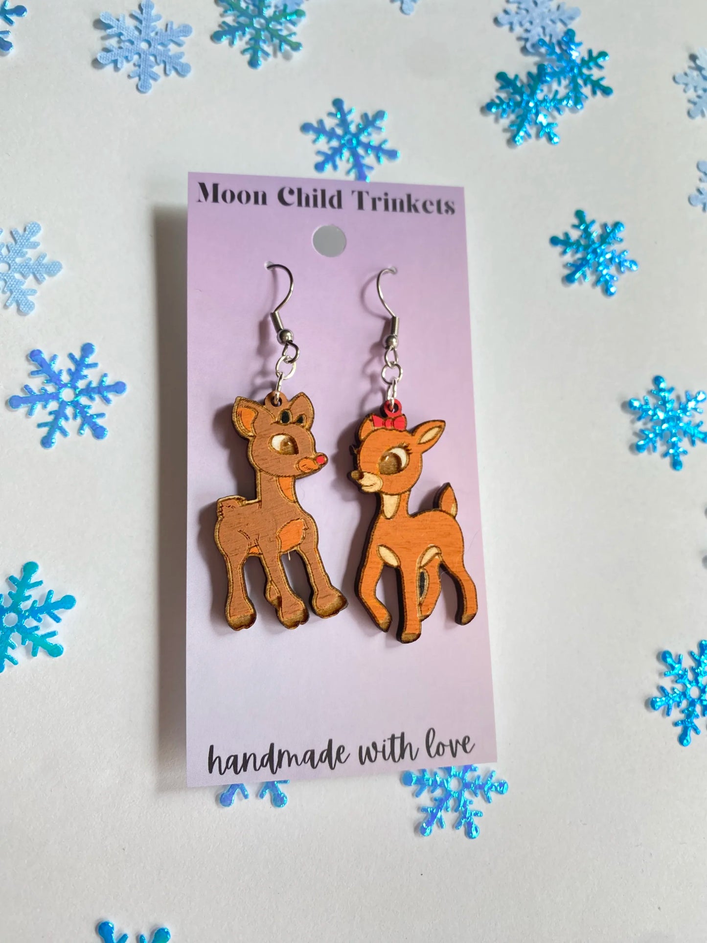 Rudolph and Clarice Reindeer Hand Painted Wood Dangle Earrings image 1