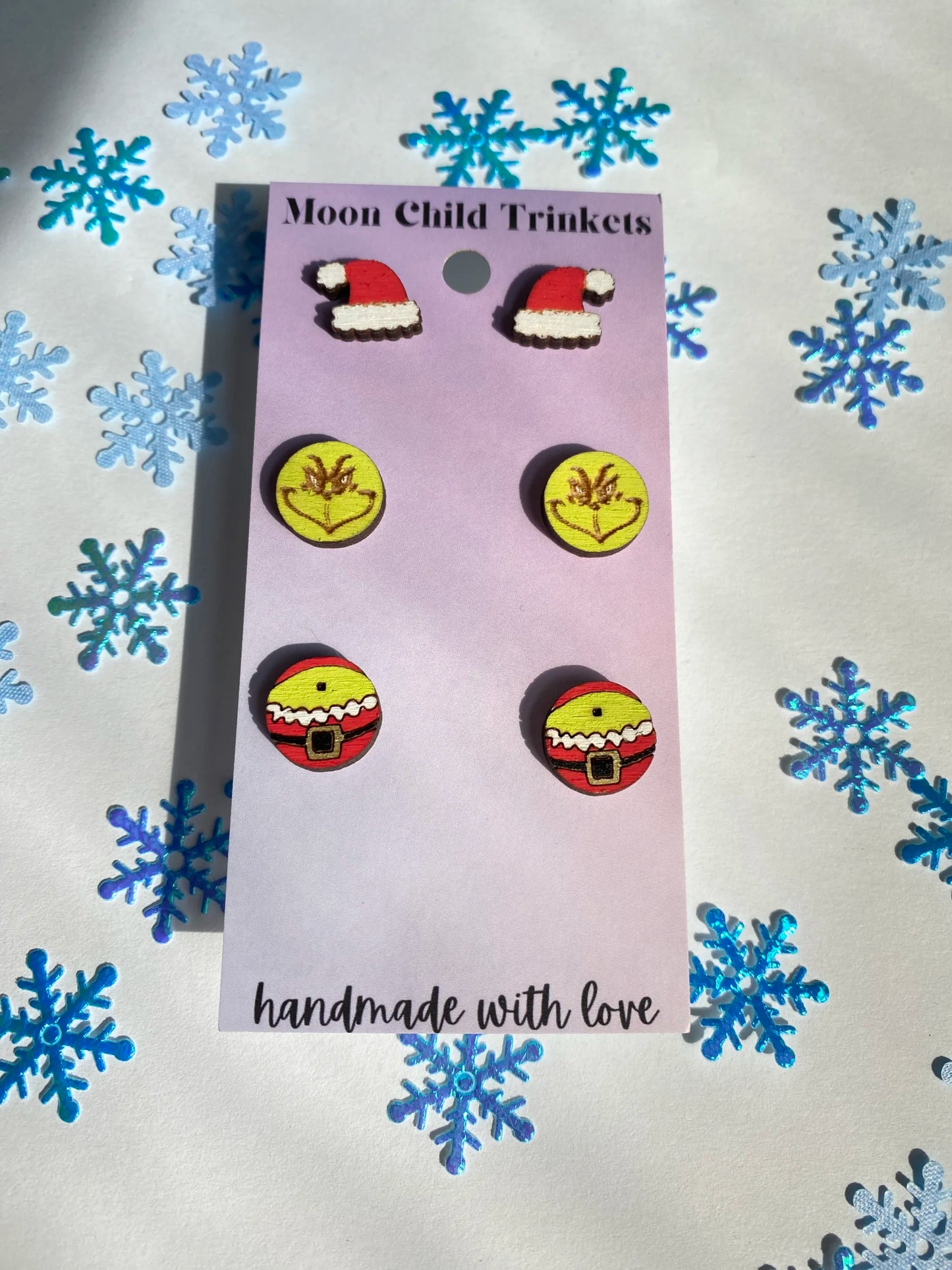 The Grinch Stud 3 Pair Bundle Wood Hand Painted Earrings image 1