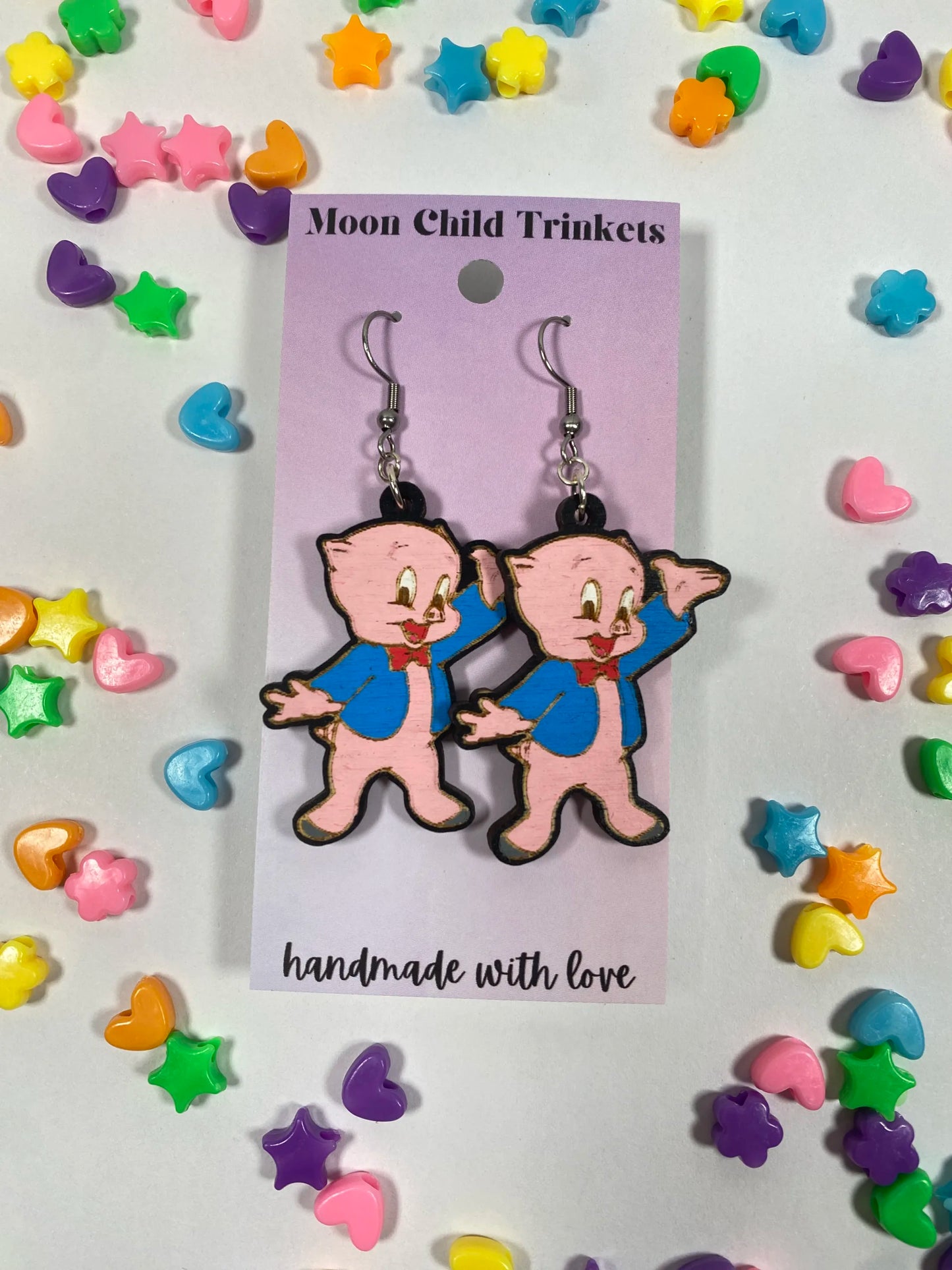Porky Pig Looney Tunes Hand Painted Wood Dangle Earrings image 0