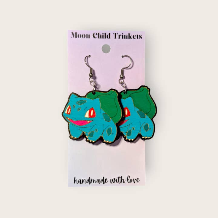 Bulbasaur Pokemon Hand Painted Wood Earrings