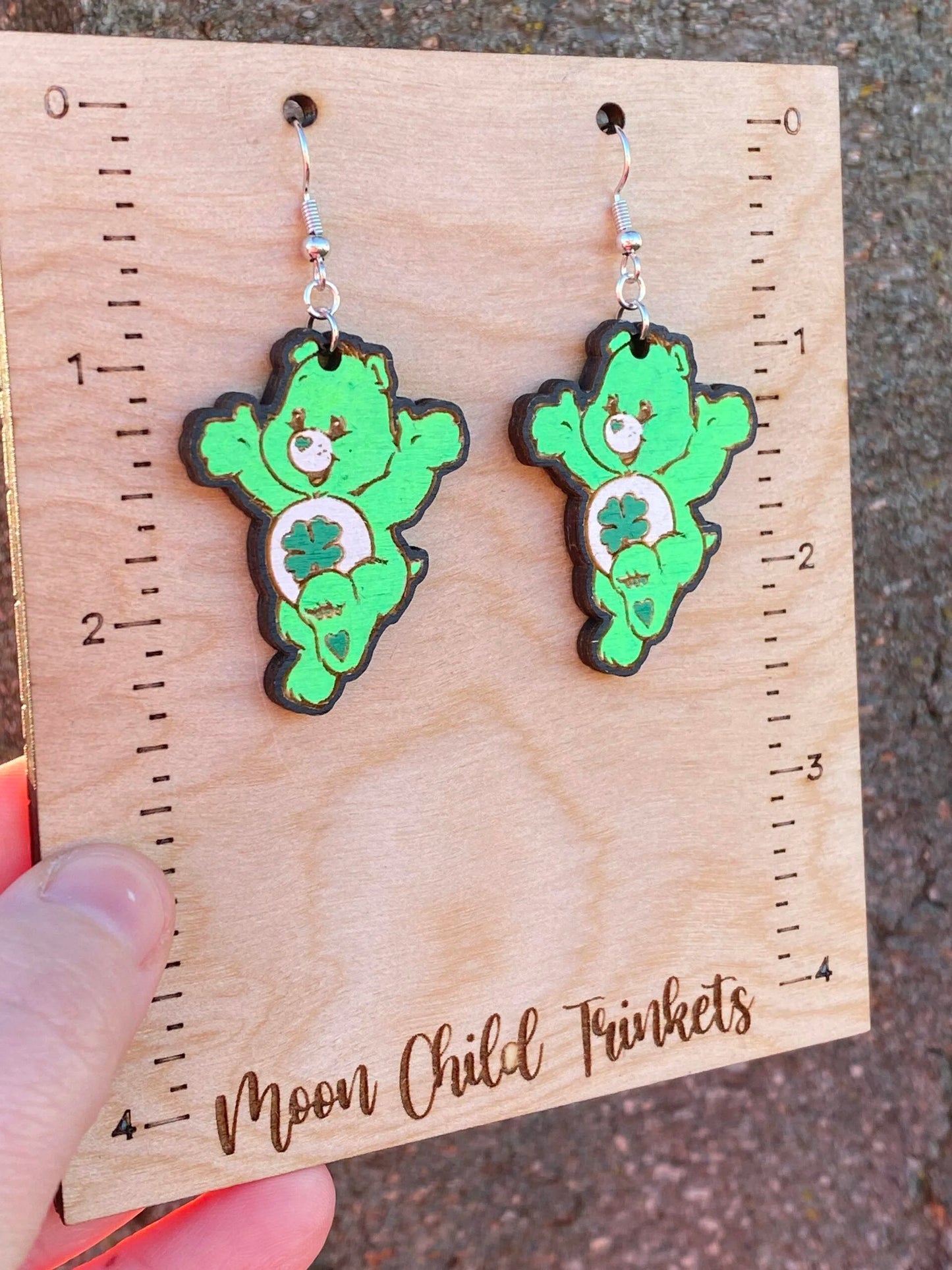 Good Luck Care Bear Hand Painted Wood Dangle Earrings image 1