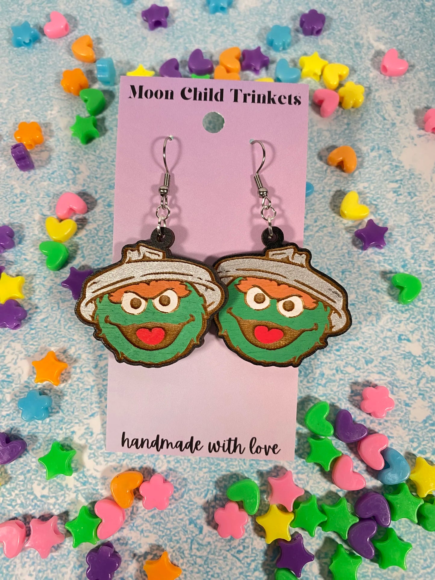 Oscar the Grouch Hand Painted Wood Dangle Earrings - Sesame Street Collection image 1