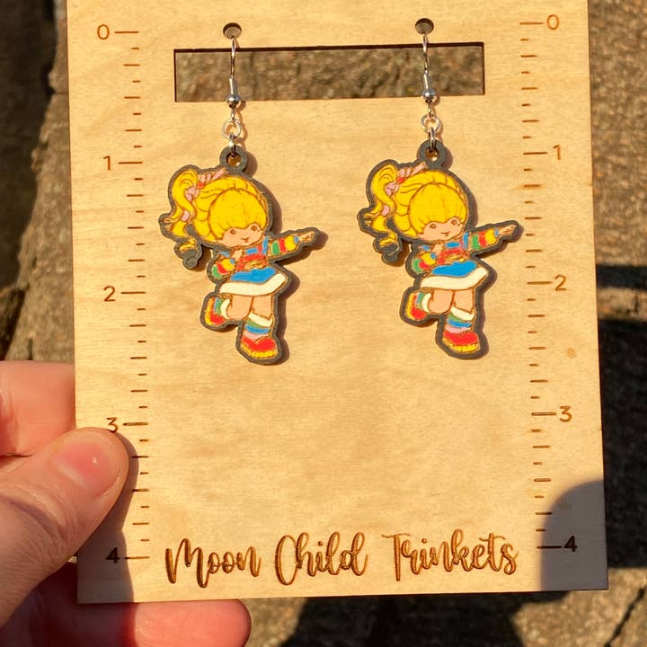 Rainbow Brite Hand Painted Wood Dangle Earrings
