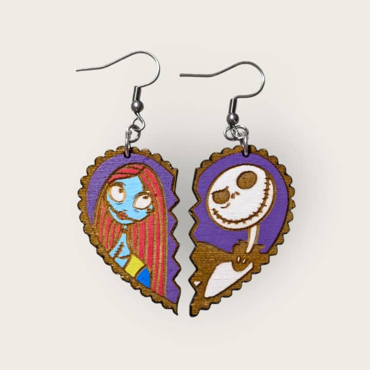 Nightmare Before Christmas Jack and Sally Heart Hand Painted Wood Dangle Earrings
