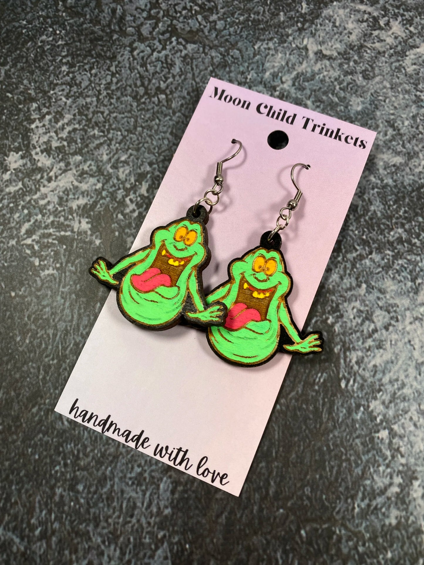 Slimer Ghostbusters Hand Painted Wood Dangle Earrings image 1