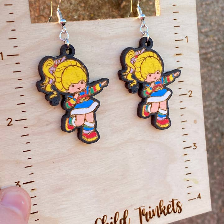 Rainbow Brite Hand Painted Wood Dangle Earrings