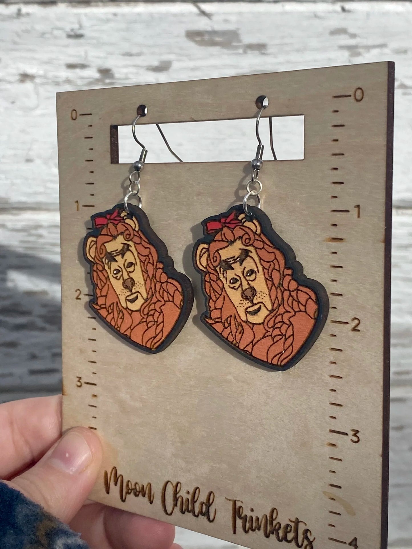 Wizard of Oz Inspired Cowardly Lion Hand Painted Wood Dangle Earrings, image 2