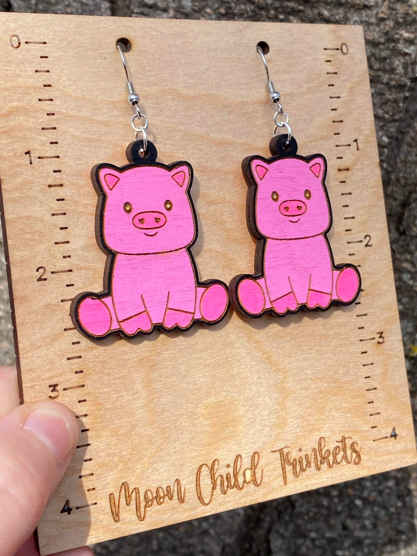 Pig Kawaii Hand Painted Wood Dangle Earrings image 2