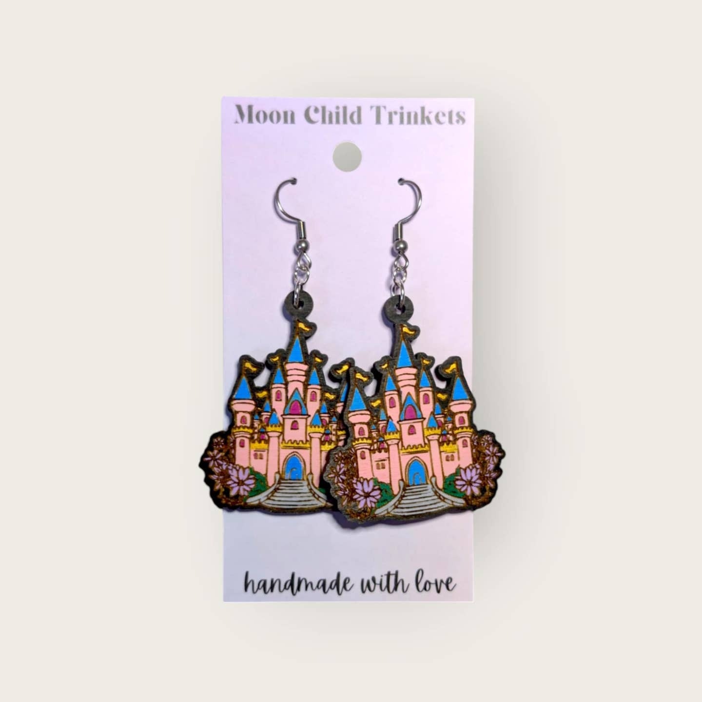 Disney Castle Hand Painted Wood Earrings