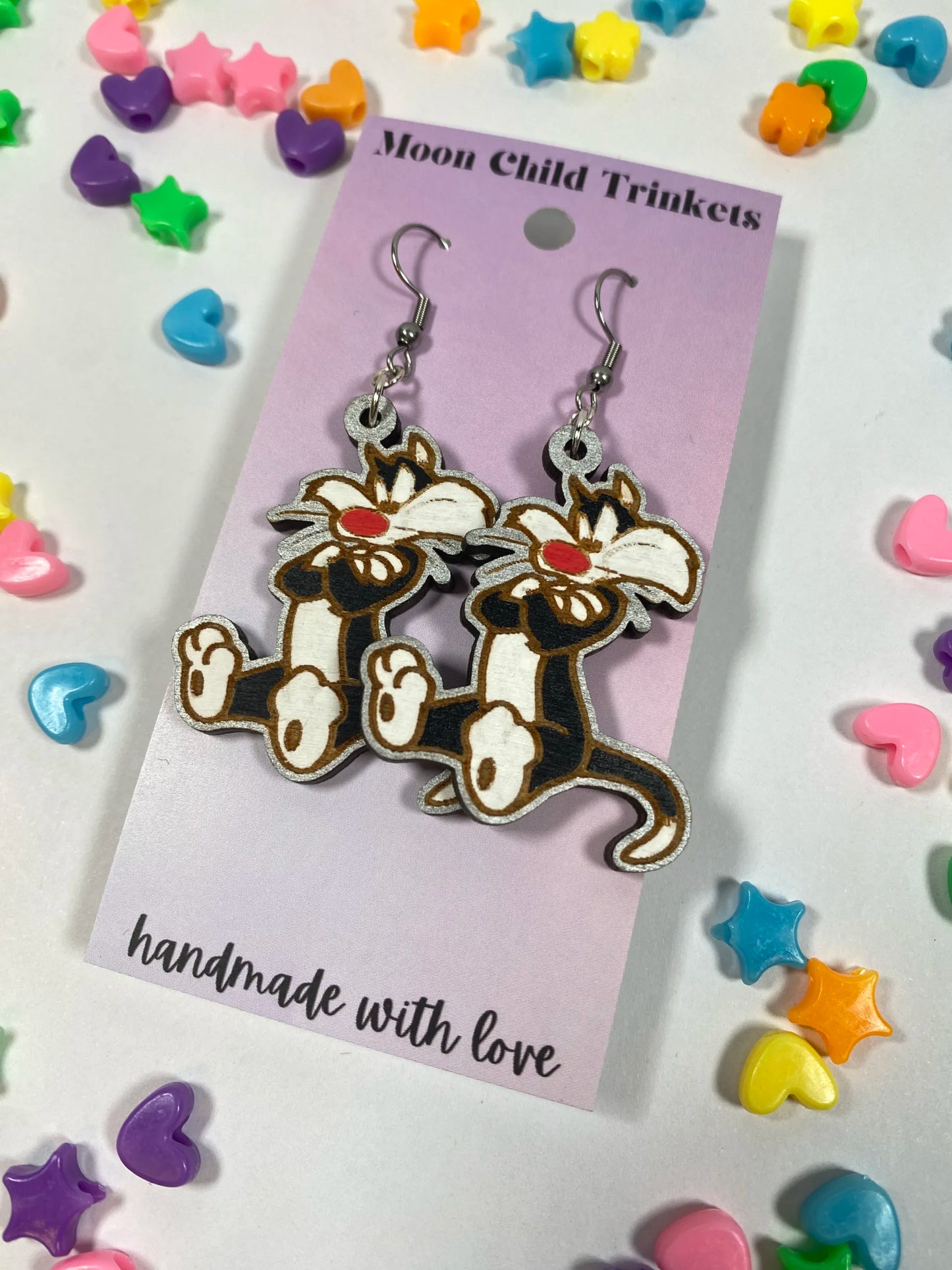 Sylvester the Cat Looney Tunes Hand Painted Wood Dangle Earrings image 1