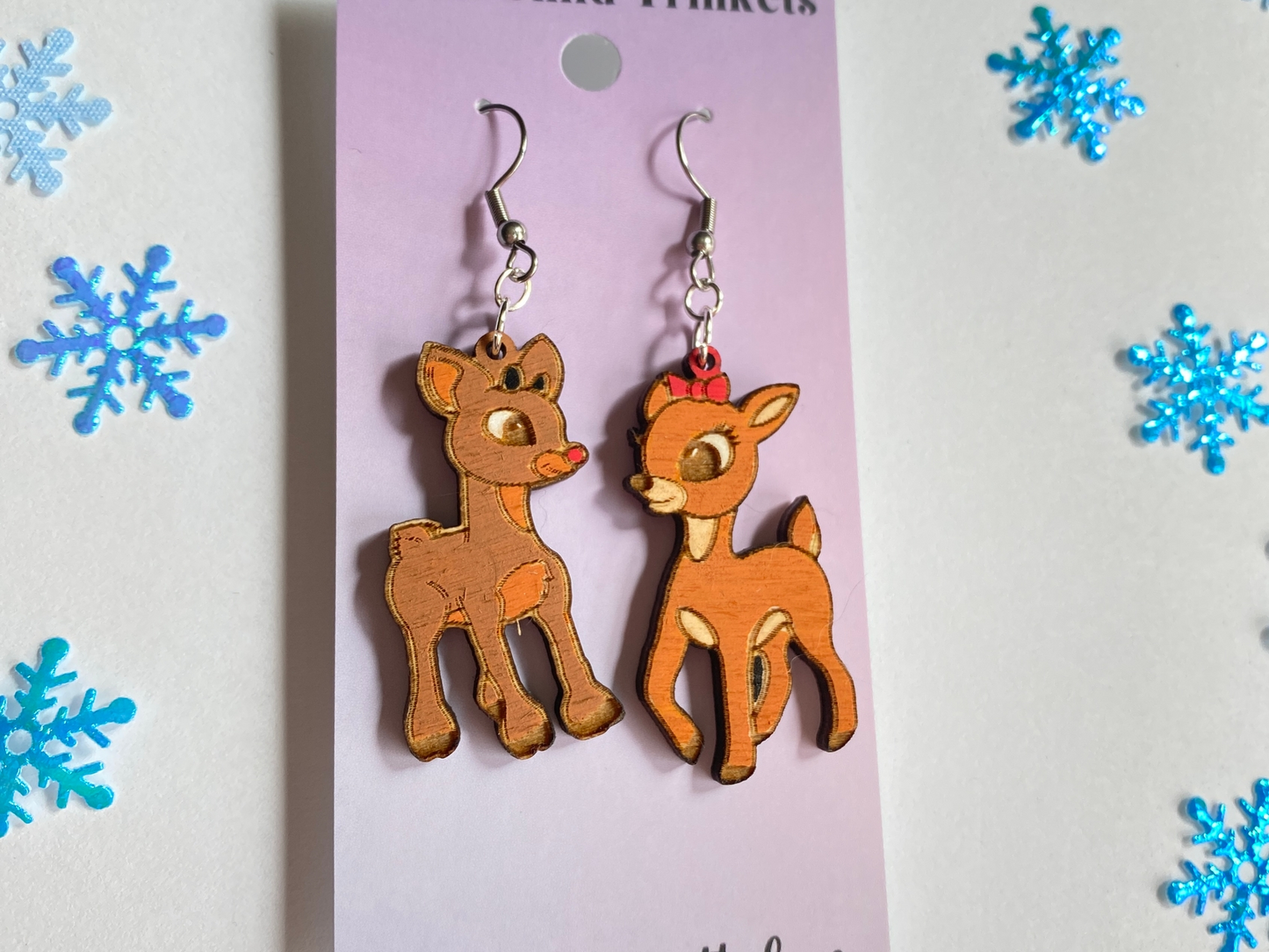 Rudolph and Clarice Reindeer Hand Painted Wood Dangle Earrings