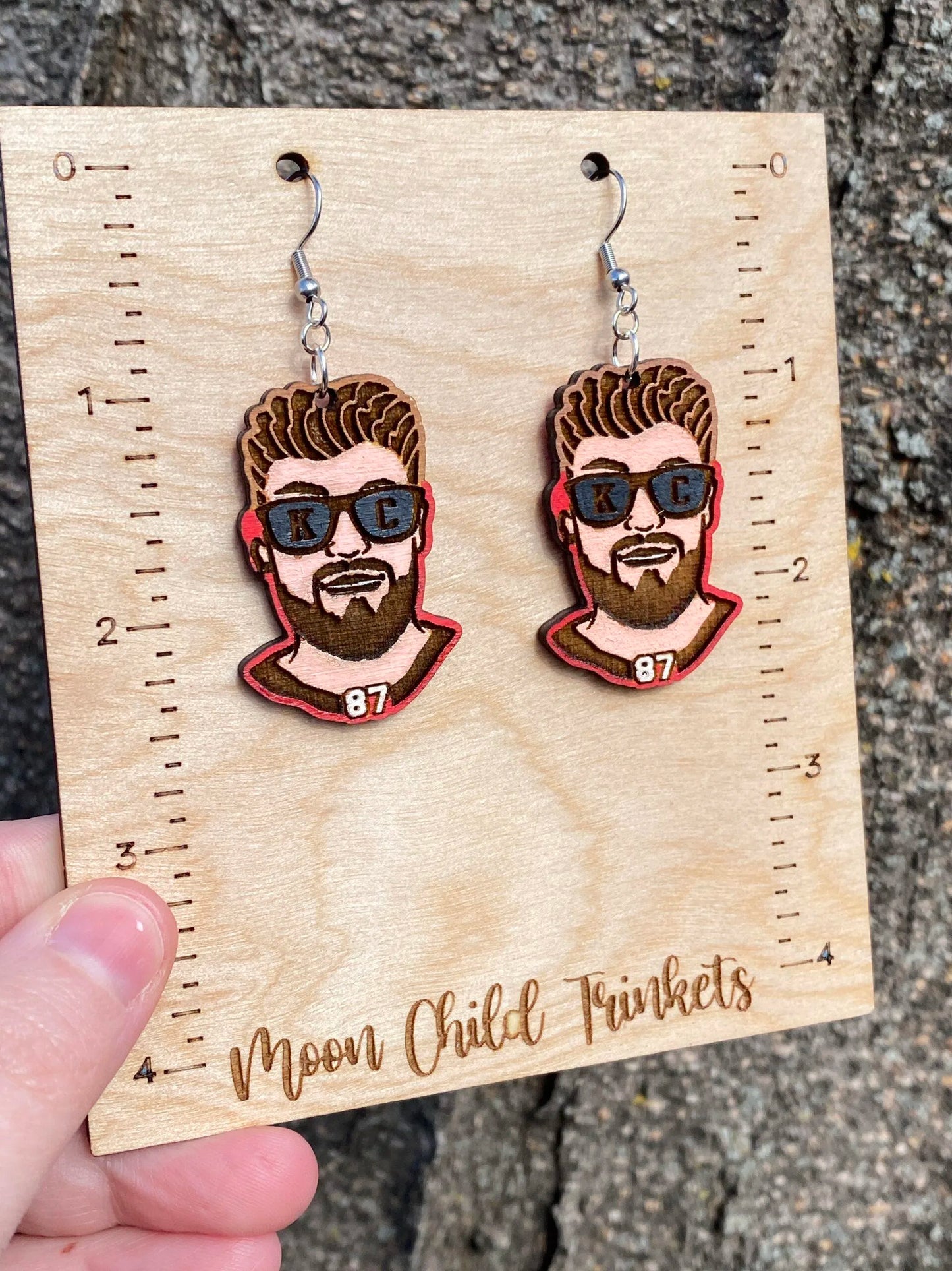 Chiefs Travis Kelce Inspired Hand Painted Wood Dangle Earrings image 1