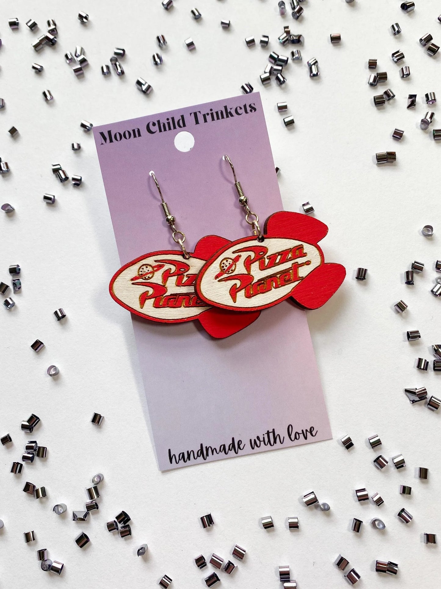 Pizza Planet Toy Story Inspired Hand Painted Wood Dangle Earrings image 0