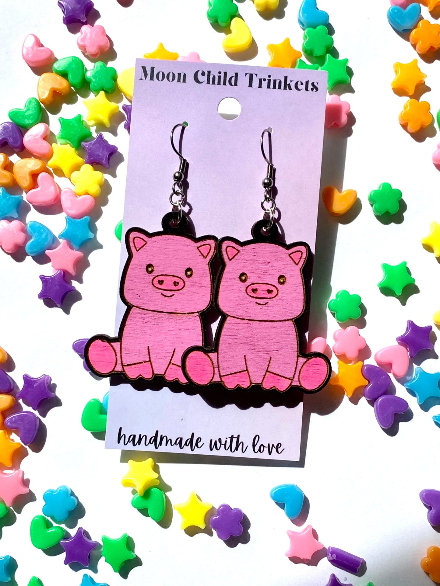 Pig Kawaii Hand Painted Wood Dangle Earrings image 0