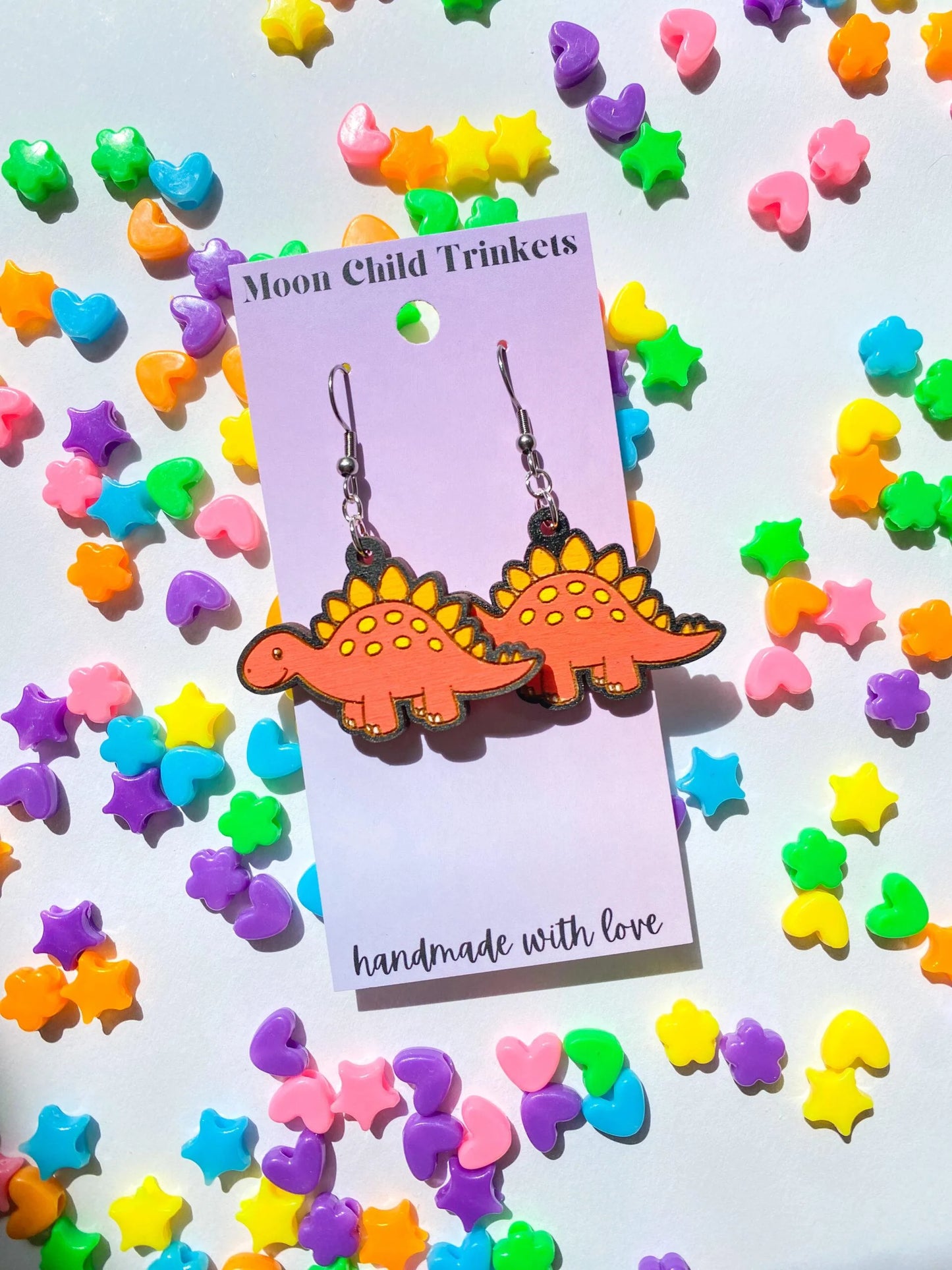 Stegosaurus Hand Painted Wood Dangle Earrings image 1