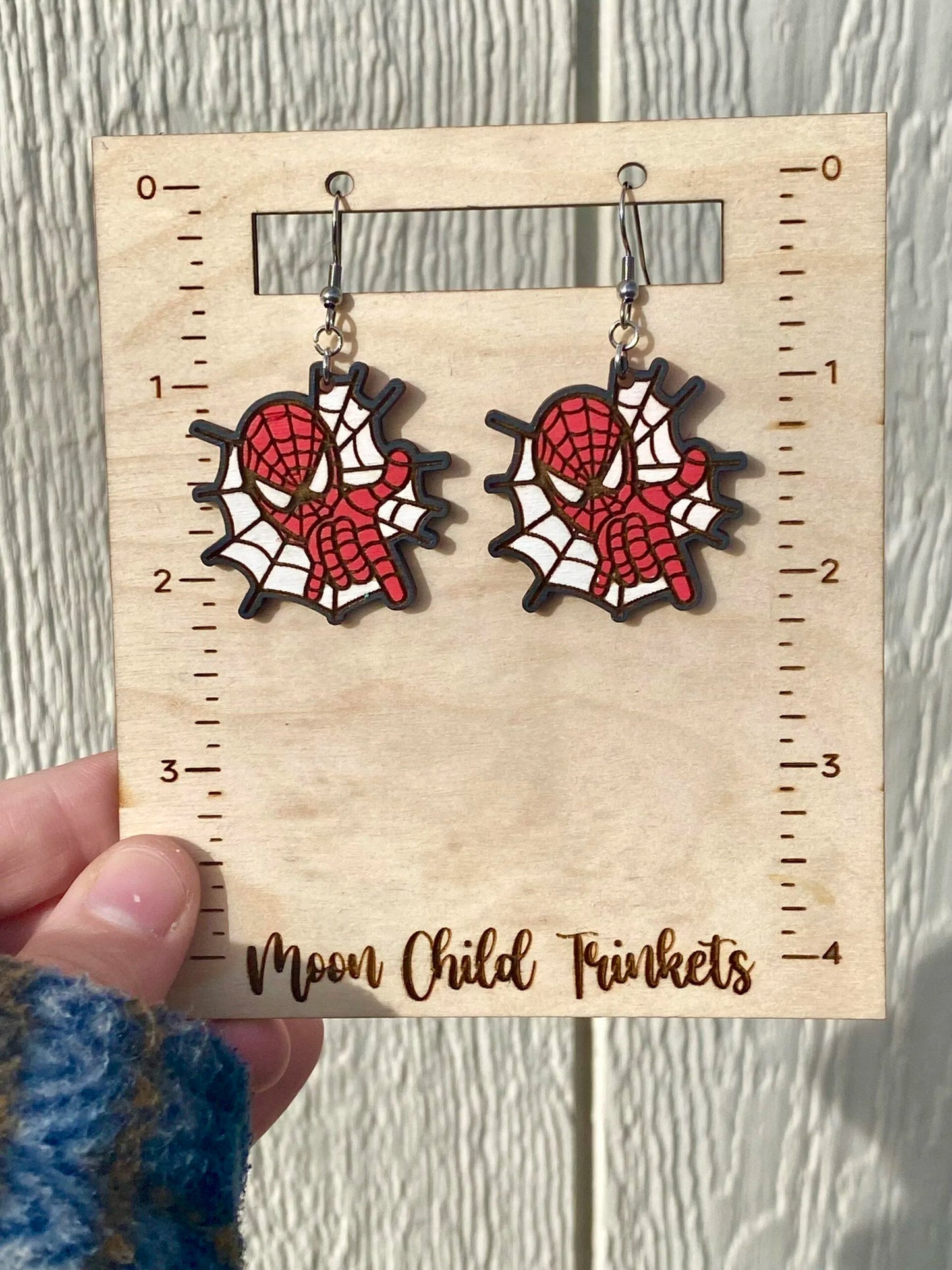 Spider Man Web Hand Painted Wood Dangle Earrings image 1