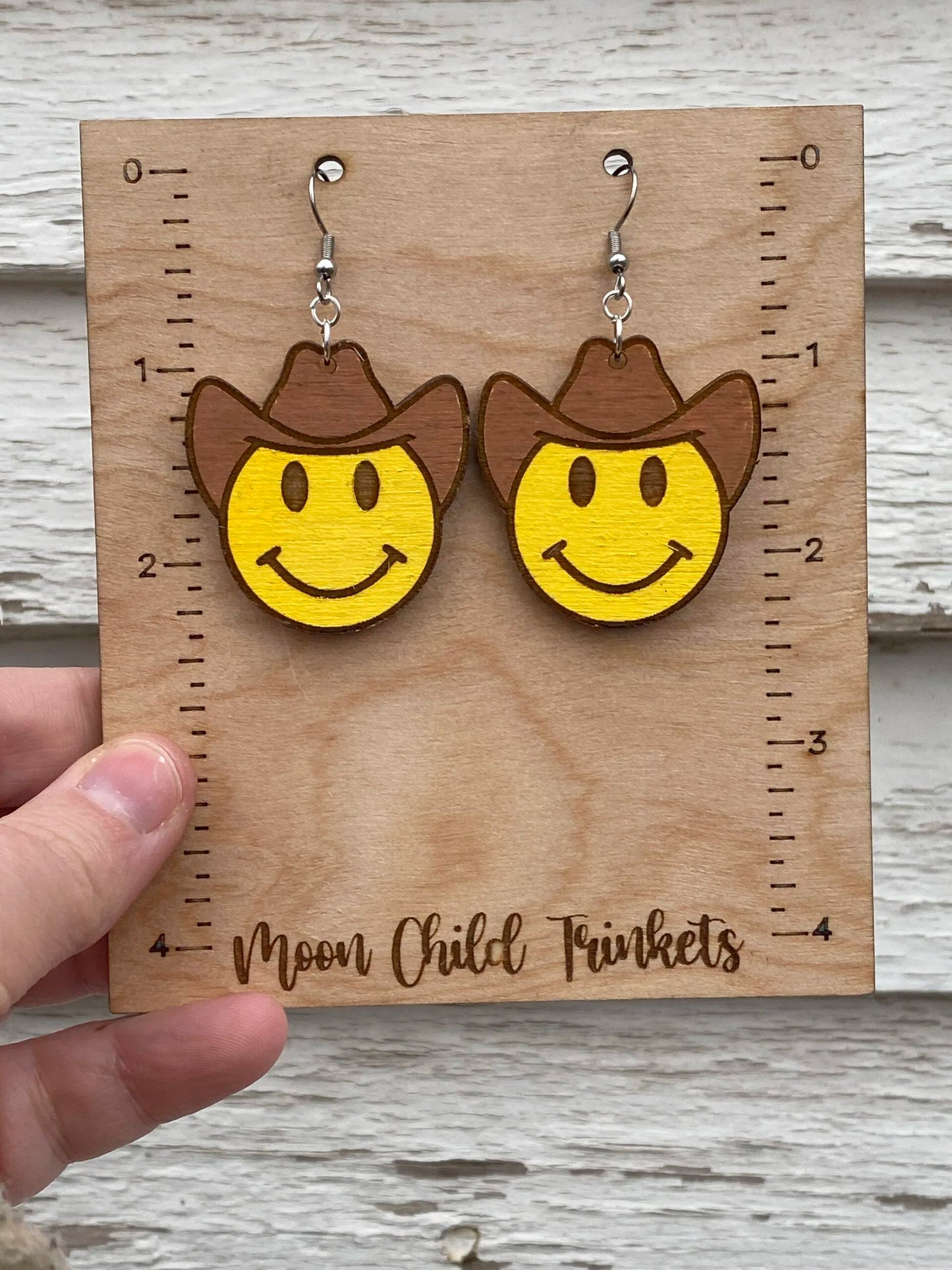 Western Smiley Cowboy Hand Painted Wood Dangle Earrings image 1