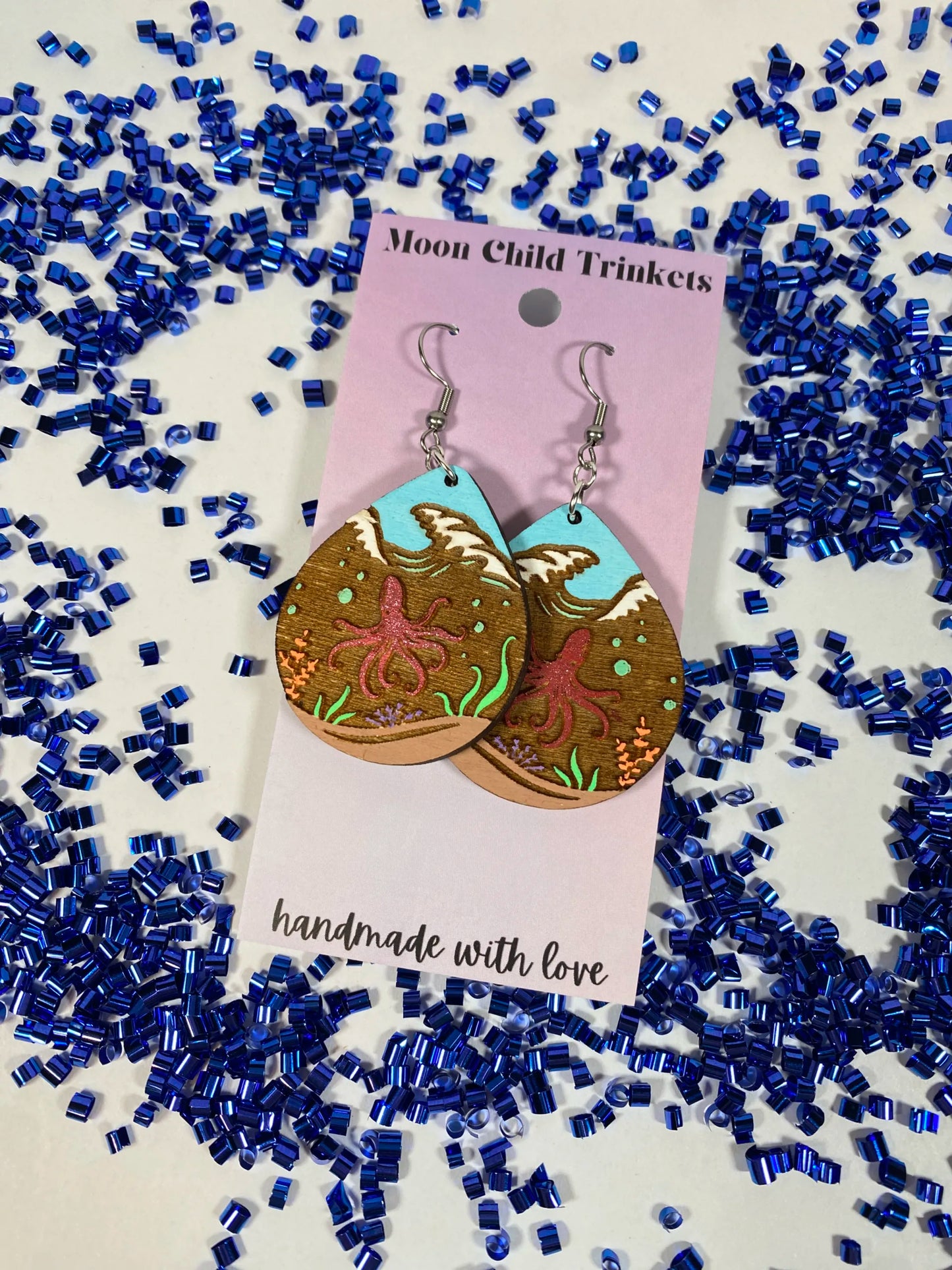 Octopus Ocean Life Hand Painted Wood Dangle Earrings image 3