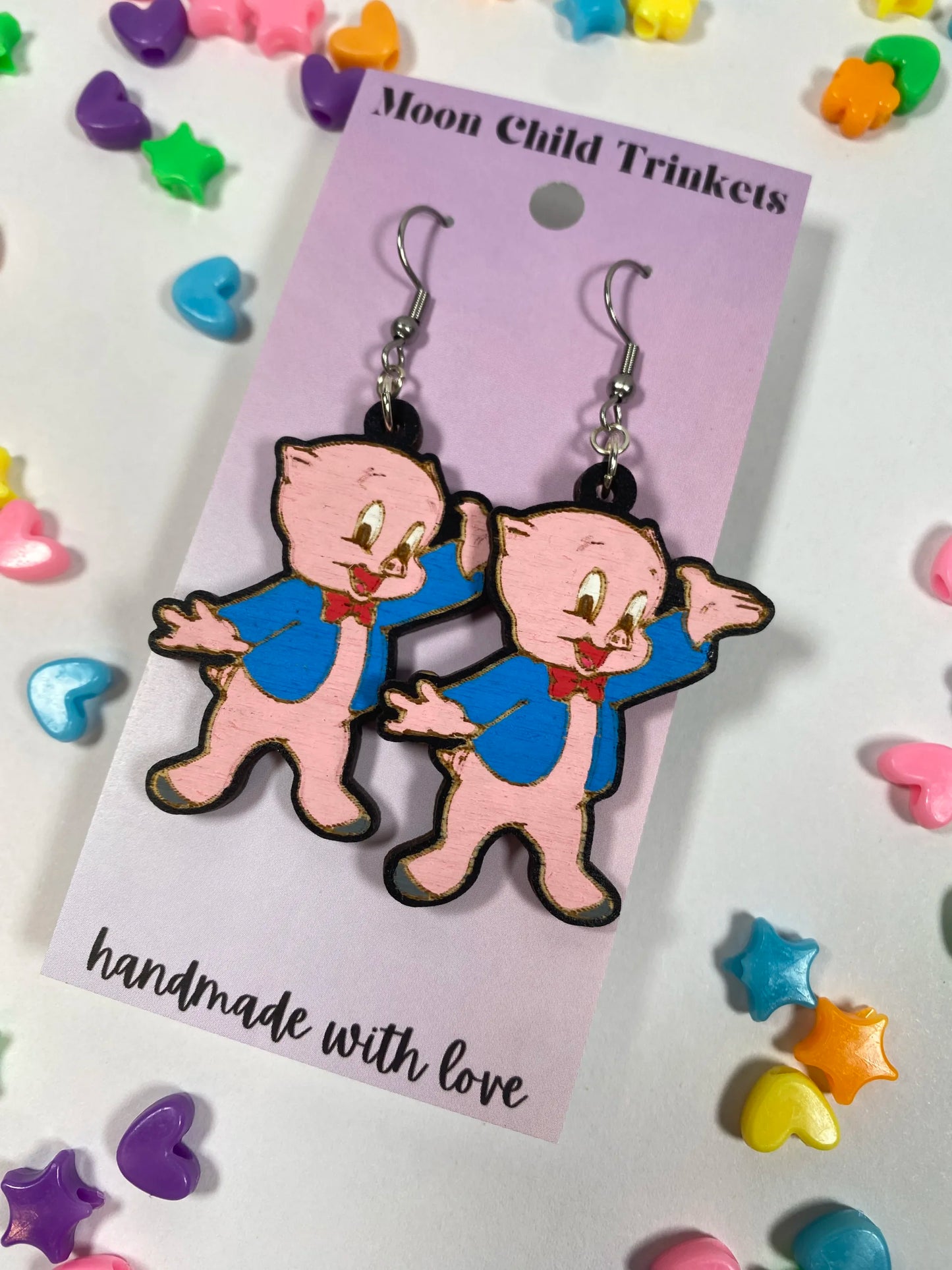 Porky Pig Looney Tunes Hand Painted Wood Dangle Earrings image 1