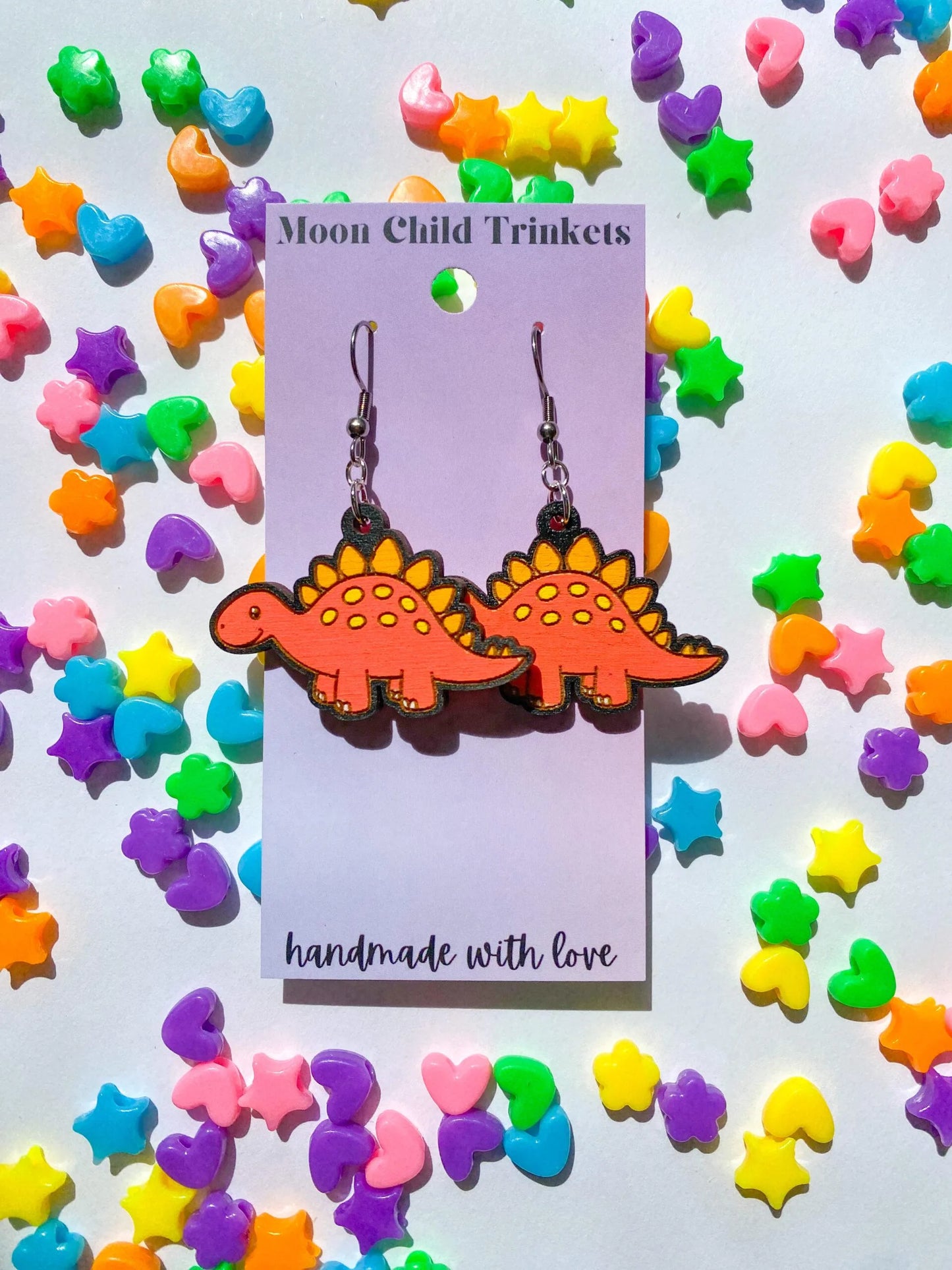 Stegosaurus Hand Painted Wood Dangle Earrings image 0