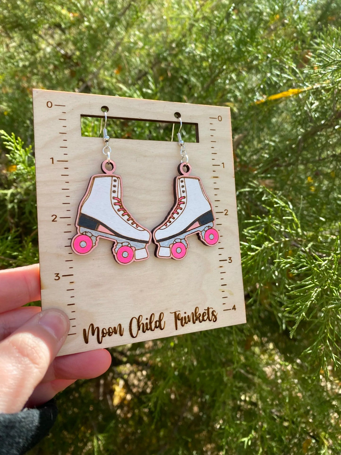 Pink Roller Skates Vintage inspired Hand Painted Wood Dangle Earrings image 1
