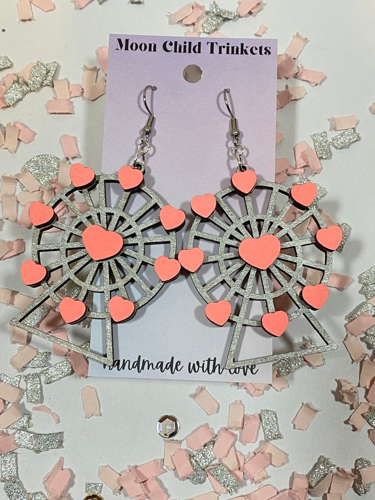 3D Ferris Wheel Hand Painted Wood Dangle Earrings