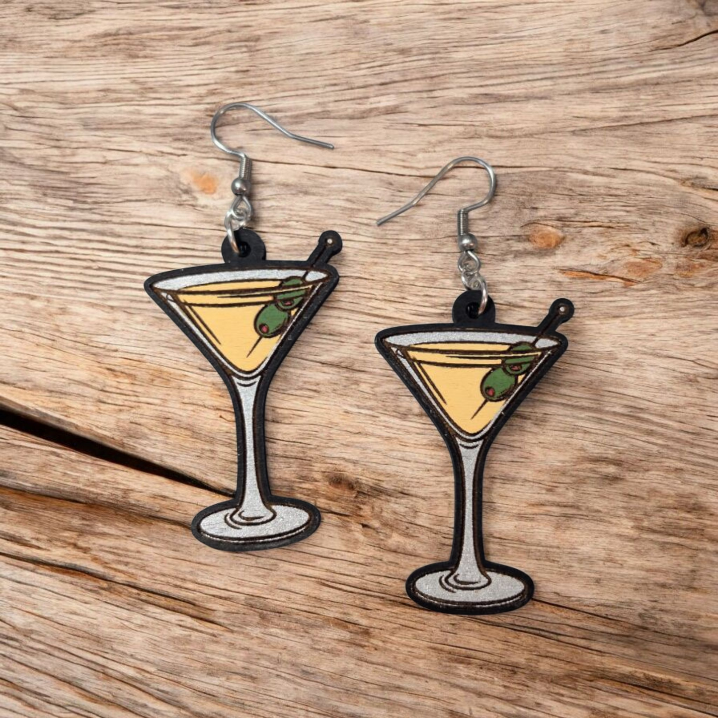 Olive Martini Hand Painted Wood Dangle Earrings