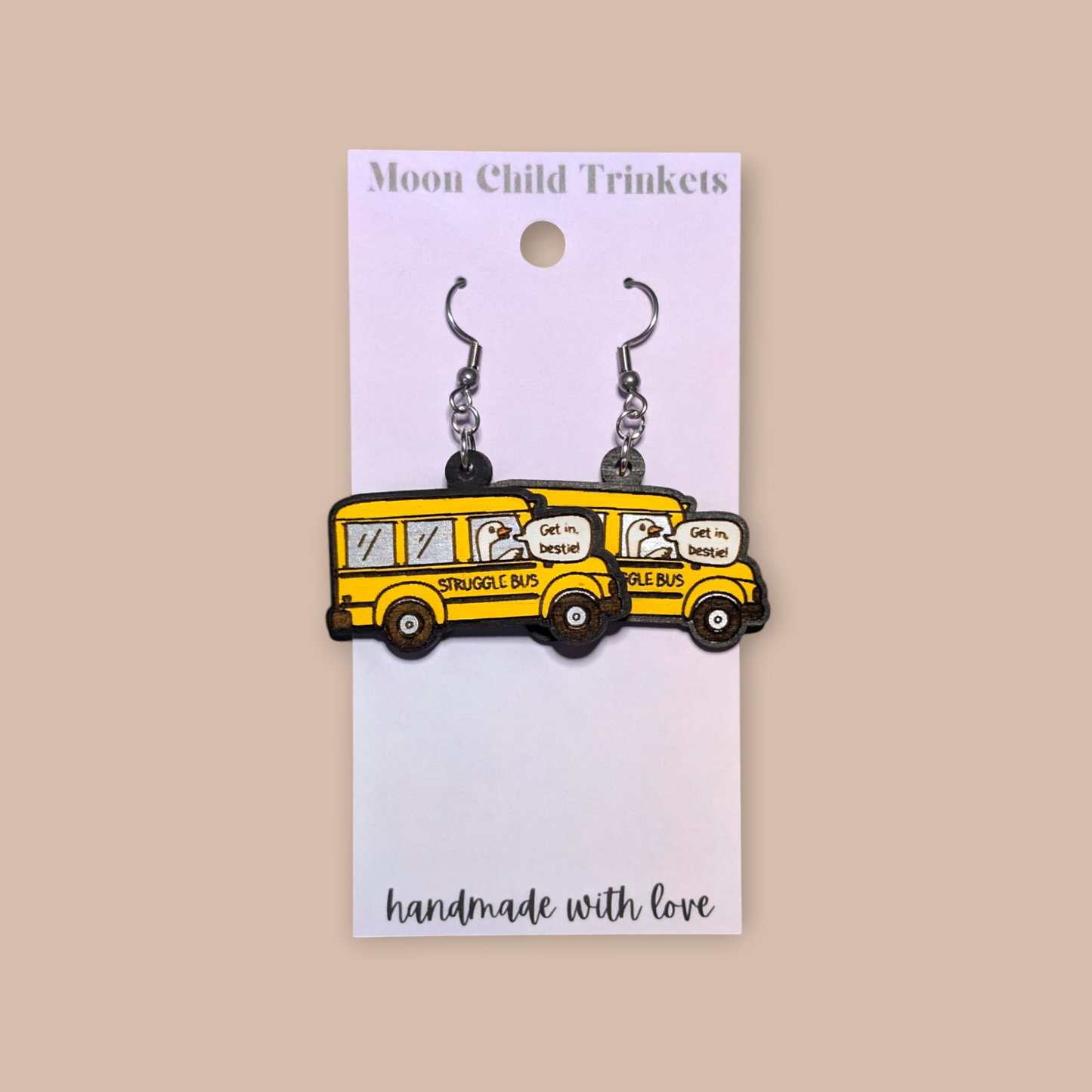 Struggle Bus Goose Hand Painted Wood Dangle Earrings