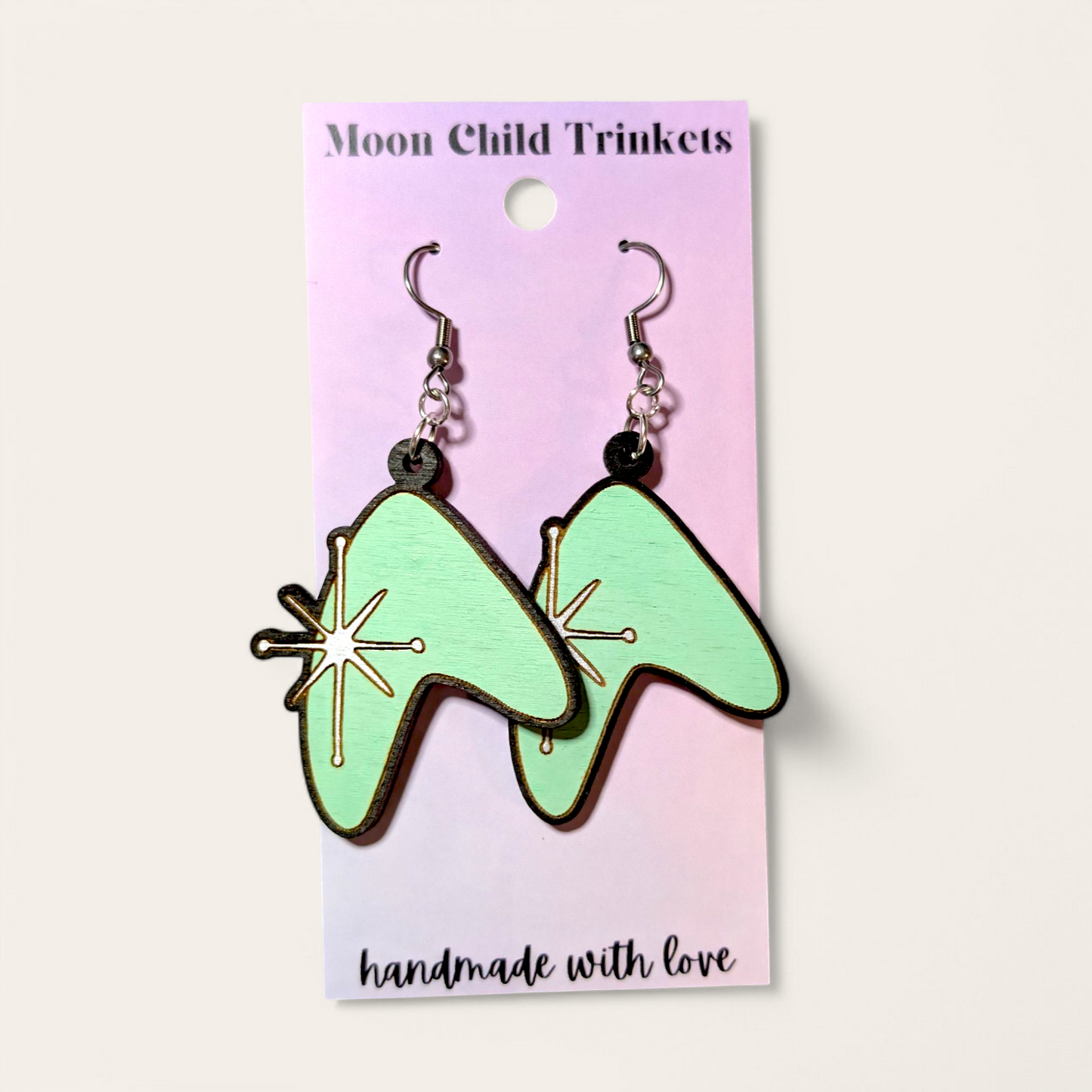 Retro Atomic Spark Mint Hand Painted Wood Dangle Earrings