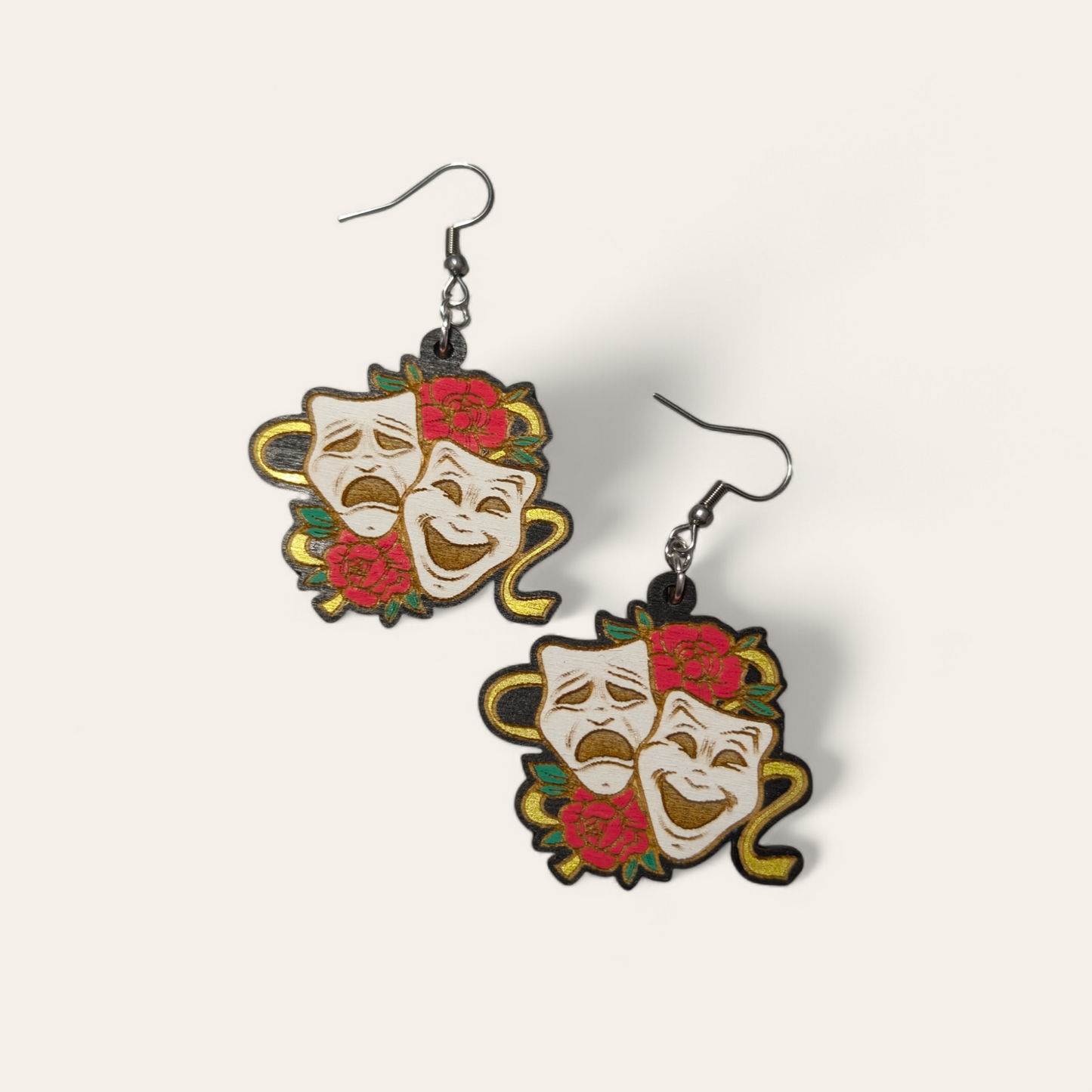 Theater Drama Mask Hand Painted Wood Dangle Earrings